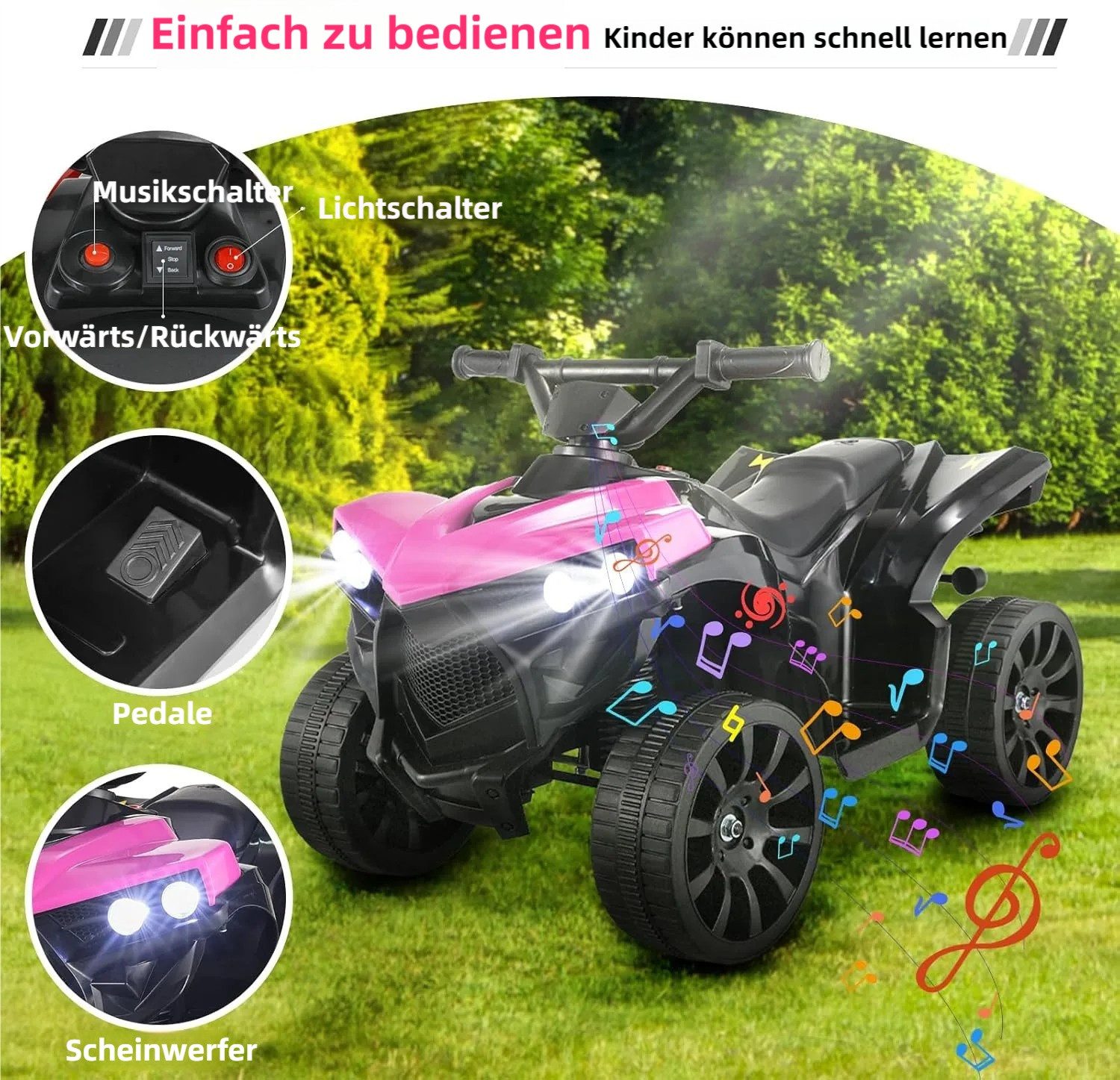 TLGREEN Elektro-Kinderquad, Kinder Elektro Motorrad, 6V Spielmotorrad mit MP3 Player & LED Licht, 3 km/h, Geeignet für Kinder ab 3 Jahren