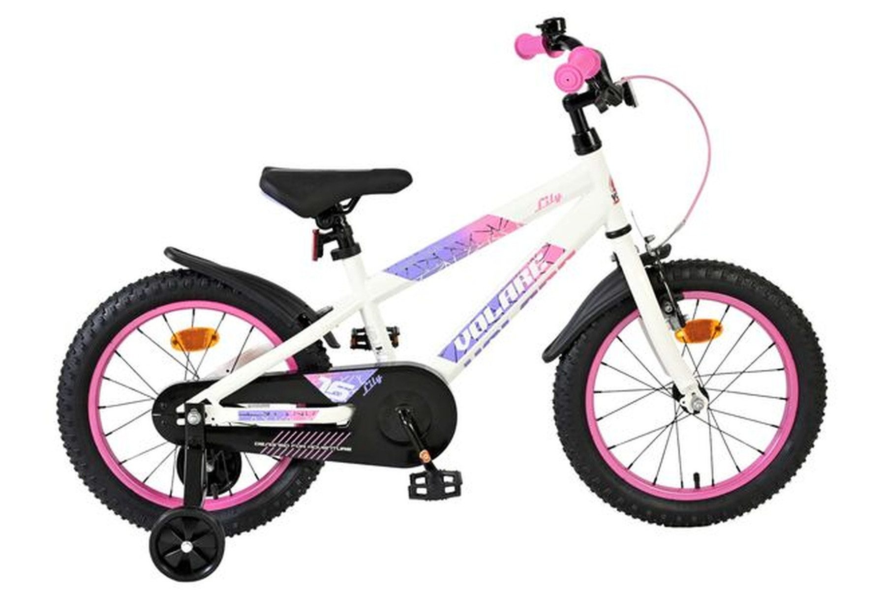 Volare Kinderfahrrad Lily 16 Zoll für Mädchen – Weiß/Rosa mit Lila Akzenten, 2 Bremsen, Geschlossener Kettenschutz, Reflektoren vorne und hinten