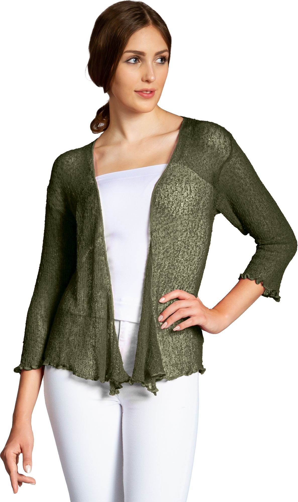 grün angenehm Bolero Strickjacke mit 3/4 Damen Arm Caspar oliv Sommer STJ022 leichter