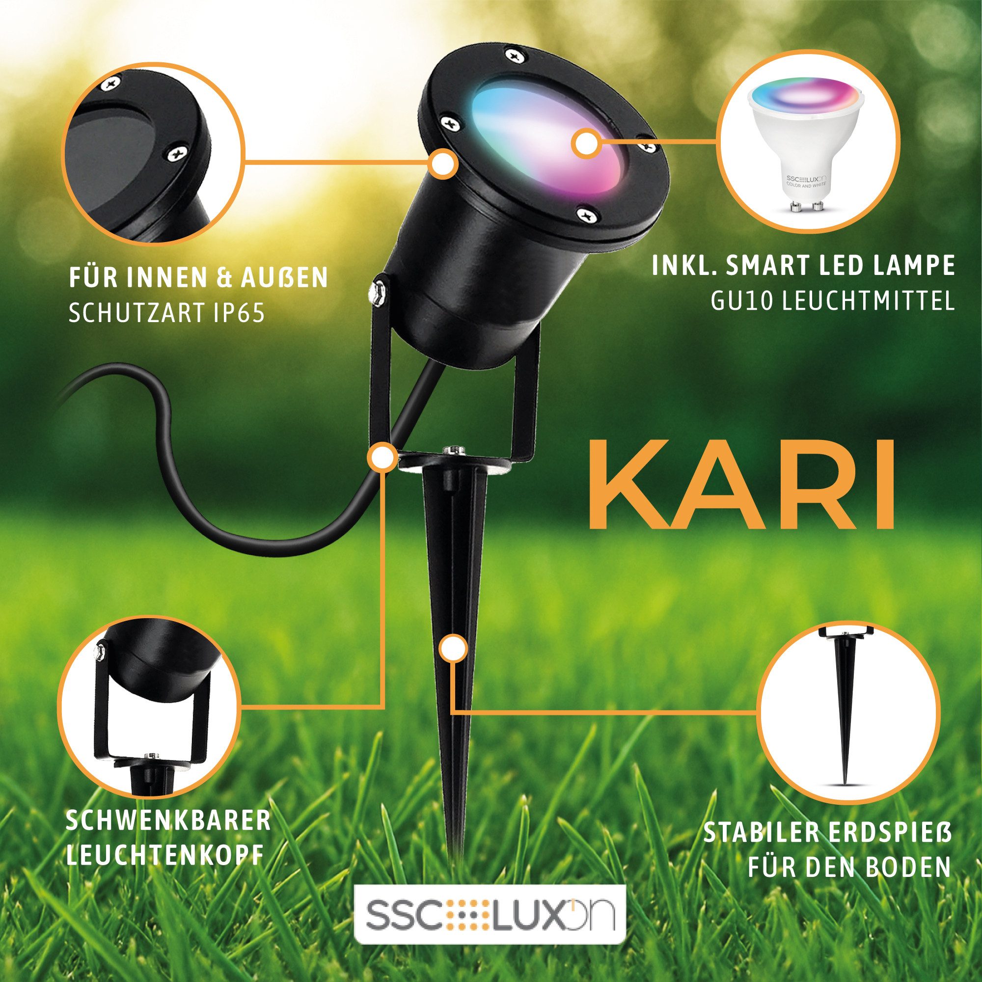 SSC-LUXon LED Gartenstrahler Gartenstrahler KARI Erdspieß schwarz IP65 mit WiFi RGB GU10 Strahler, Smart