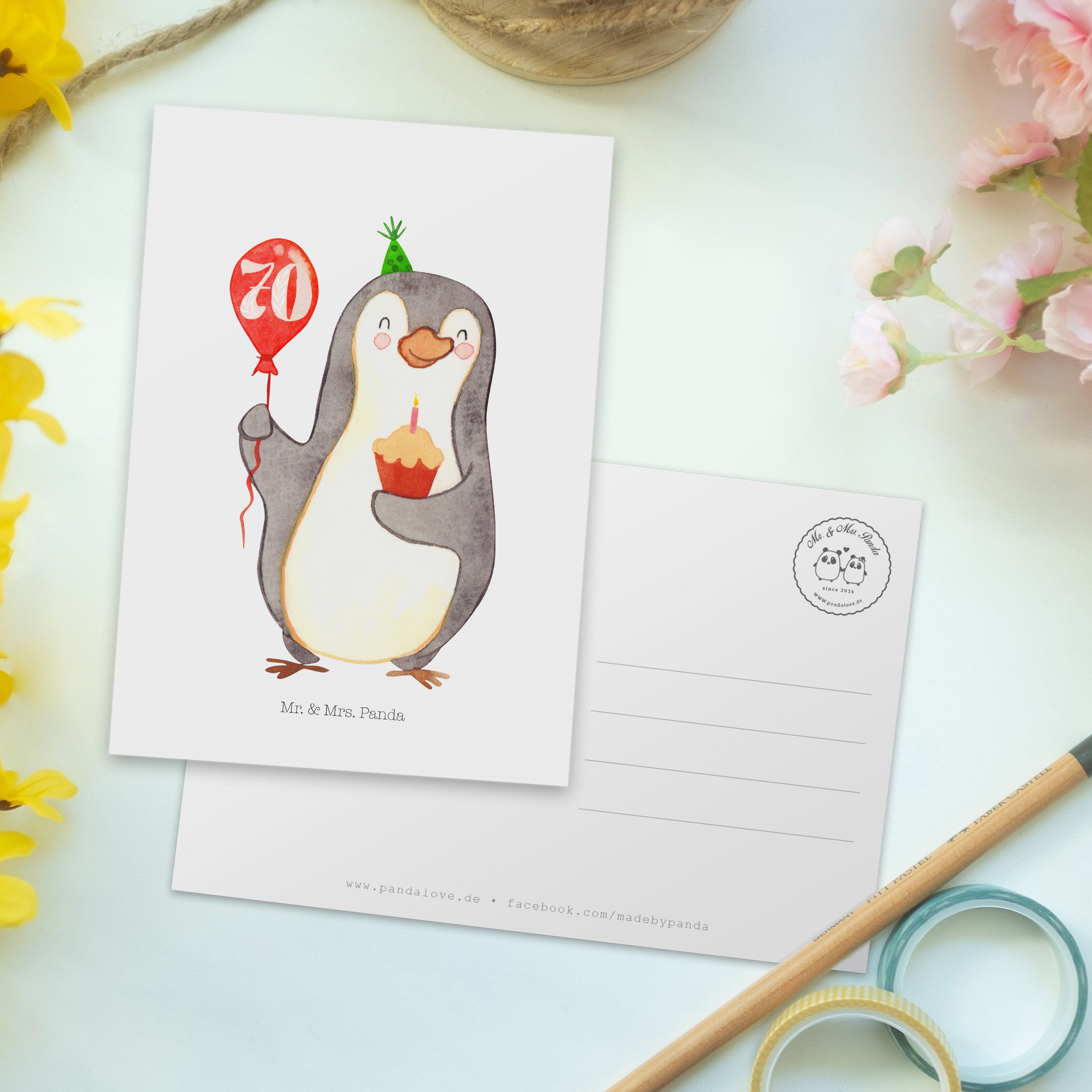 Mr. & Mrs. - Weiß Postkarte Luftballon - Birthday Pinguin Happy Panda 70. Geschenk, Geburtstag
