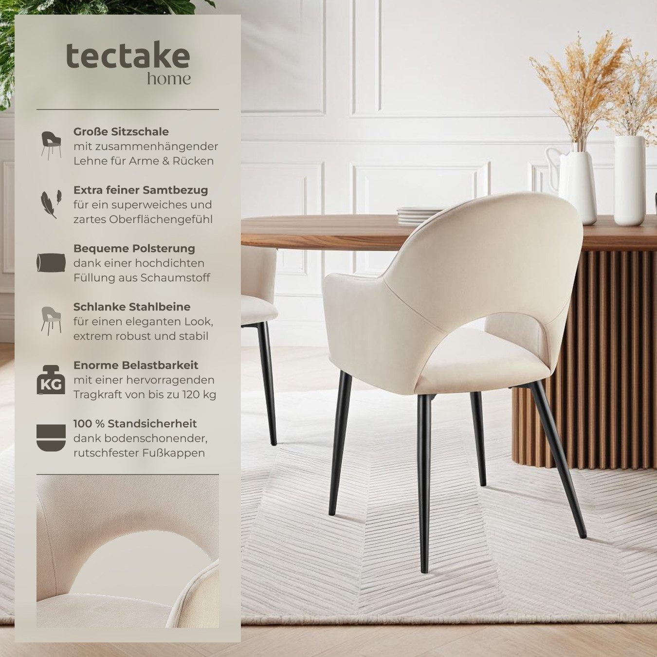 tectake Esszimmerstuhl Armlehnstuhl Sachel, Samtoptik, gepolstert, Belastba günstig online kaufen