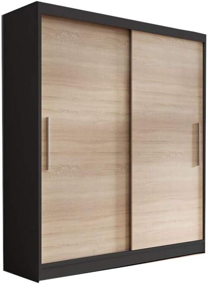 MOEBLO Kleiderschrank LARA 04 (Schwebetürenschrank 2-türig Schrank mit vielen Einlegeböden und Kleiderstange, Gaderobe Schiebtüren Schlafzimmer-Wohnzimmerschrank Modern Design) (BxHxT): 150x200x61 cm Schwarz + Sonoma