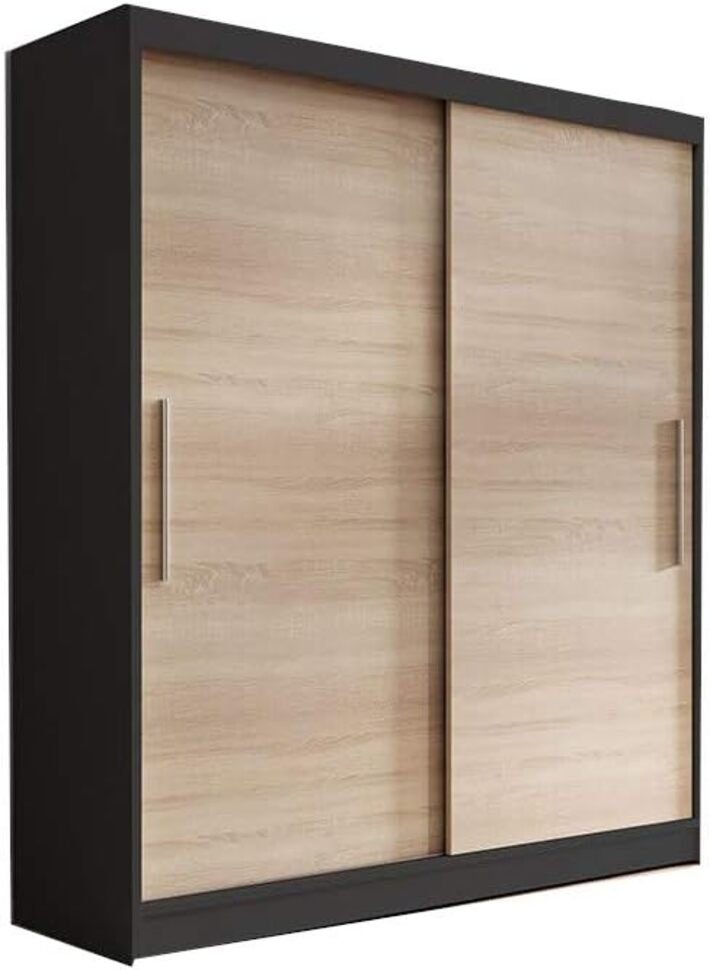 MOEBLO Kleiderschrank LARA 04 (Schwebetürenschrank 2-türig Schrank mit vielen Einlegeböden und Kleiderstange, Gaderobe Schiebtüren Schlafzimmer-Wohnzimmerschrank Modern Design) (BxHxT): 150x200x61 cm Schwarz + Sonoma | Kleiderschränke