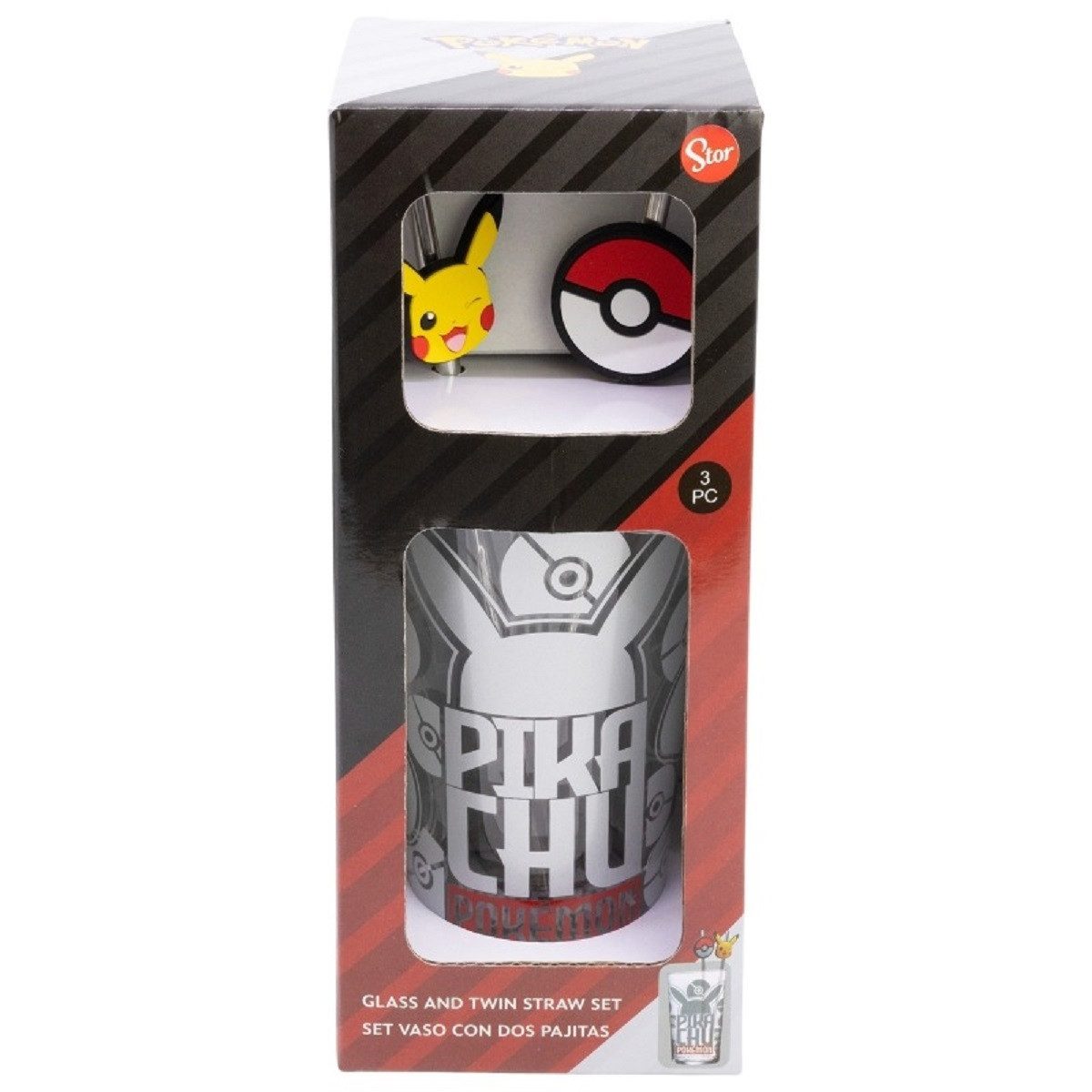 POKEMON JUEGO DE CARTAS Glas 480 ml mit 2 Edelstahl Trinkhalmen, 3-tlg., Glas