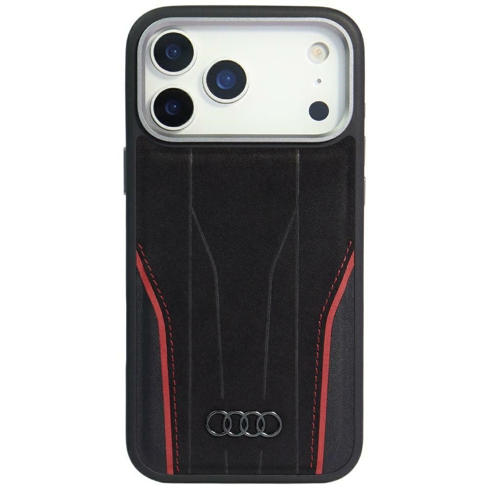 Audi Handyhülle iPhone 17 Pro Echtleder R8 MagSafe schwarz rot Logo Metall 6,3 Zoll, Kantenschutz