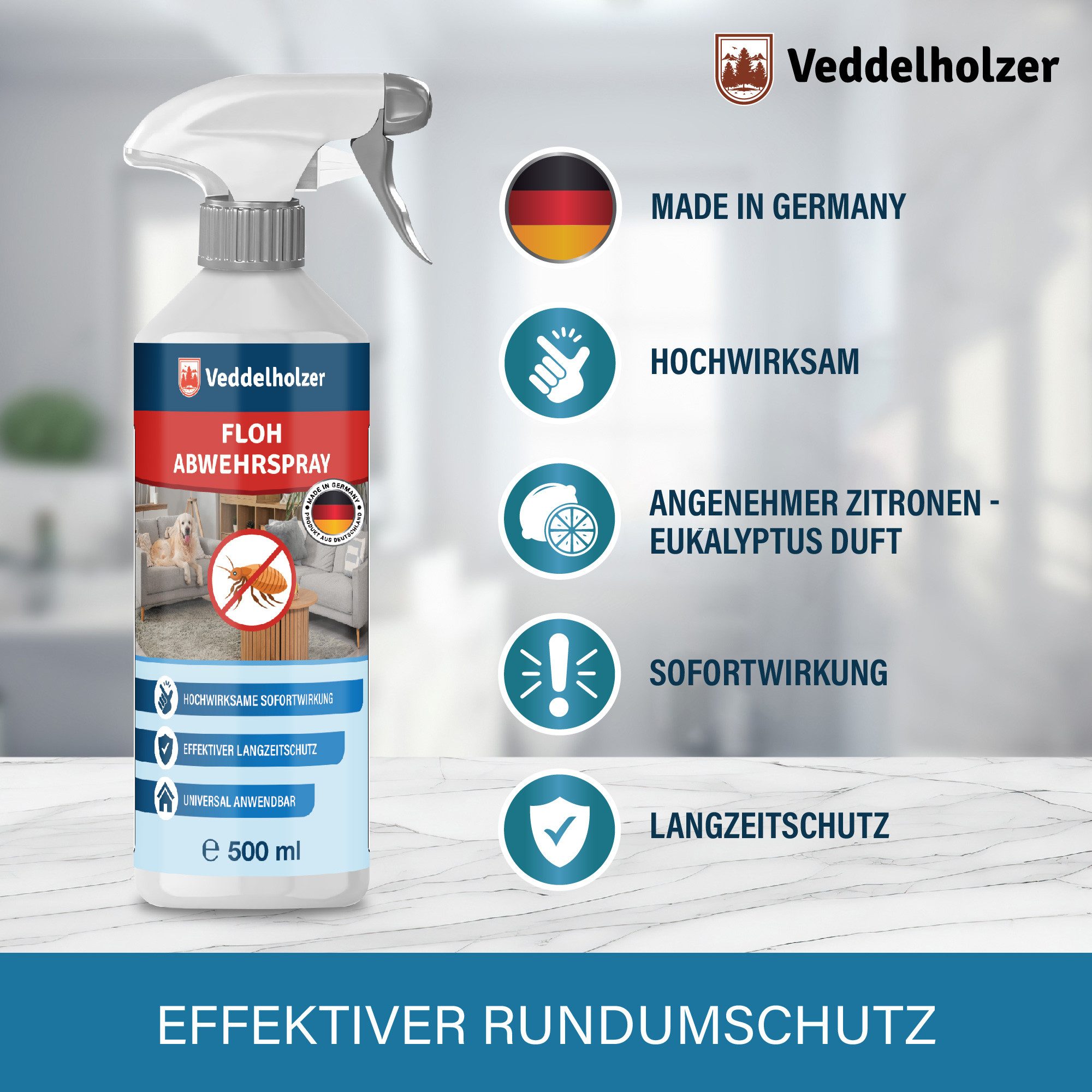 Veddelholzer Insektenschutz-Spray 500ml Floh Abwehrspray für Wohnung & Möbel Hochwirksame Sofortwirkung Universal Anwendbar im Haushalt, mit Zitroneneukalyptusöl Schonend & langanhaltend