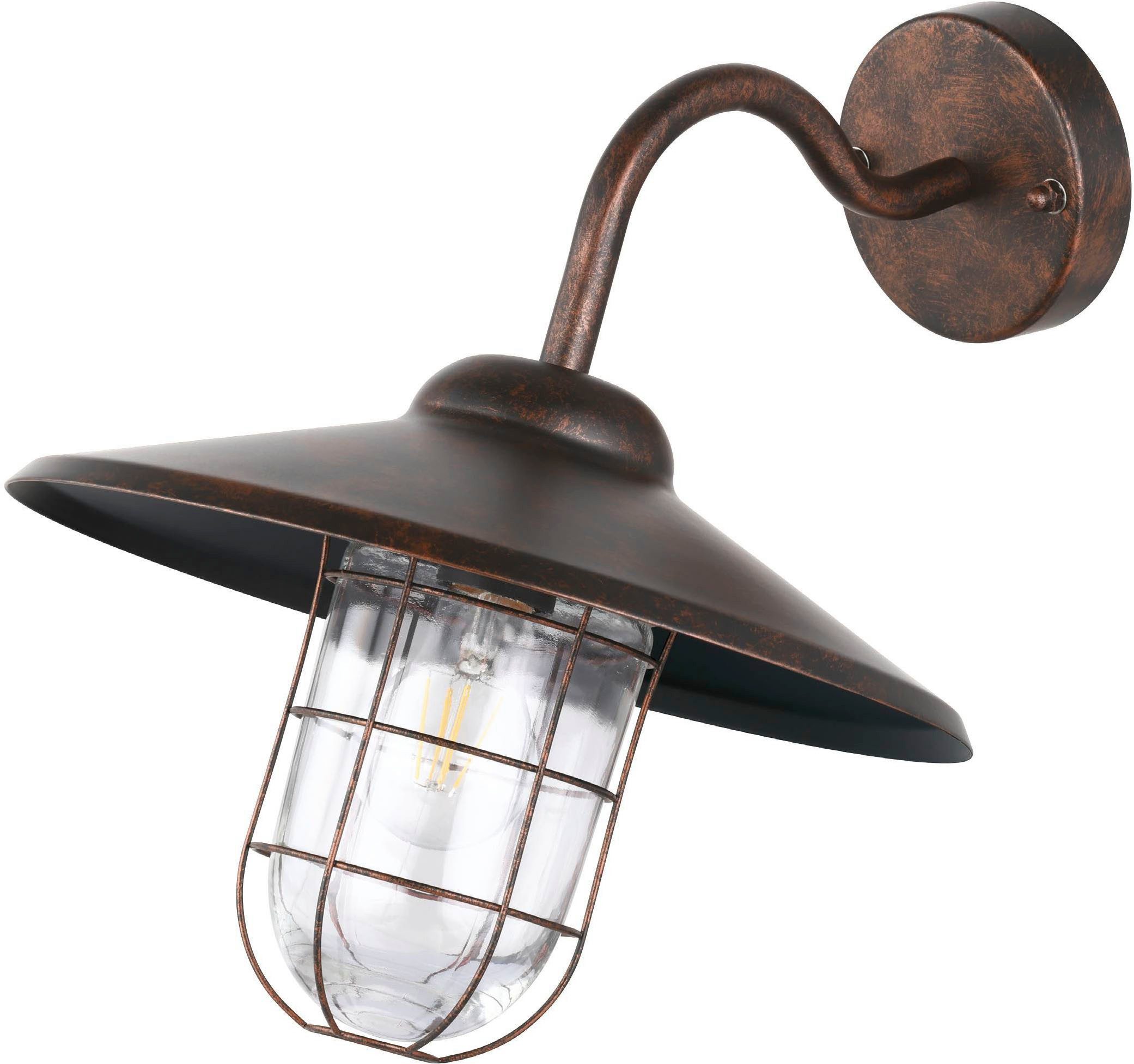 EGLO Wandleuchte Melgoa Außen-Wandlampe, Wandleuchte aus Stahl und Glas, E27, IP44, ohne Leuchtmittel, Wand-/Deckenleuchte - L30 x H25 x AL38 cm - kupferfarben-antik