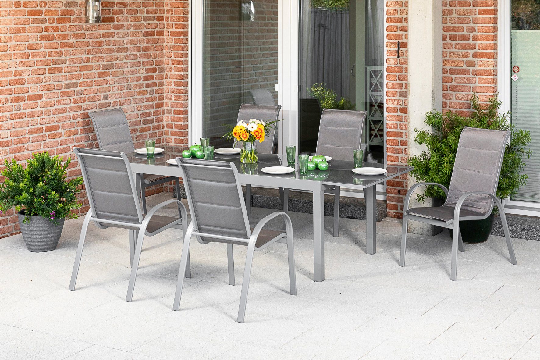 MERXX Garten-Essgruppe Amalfi di lusso, (7-tlg), 6 Stapelsessel, Hochlehner mit ausziehbarem Tisch