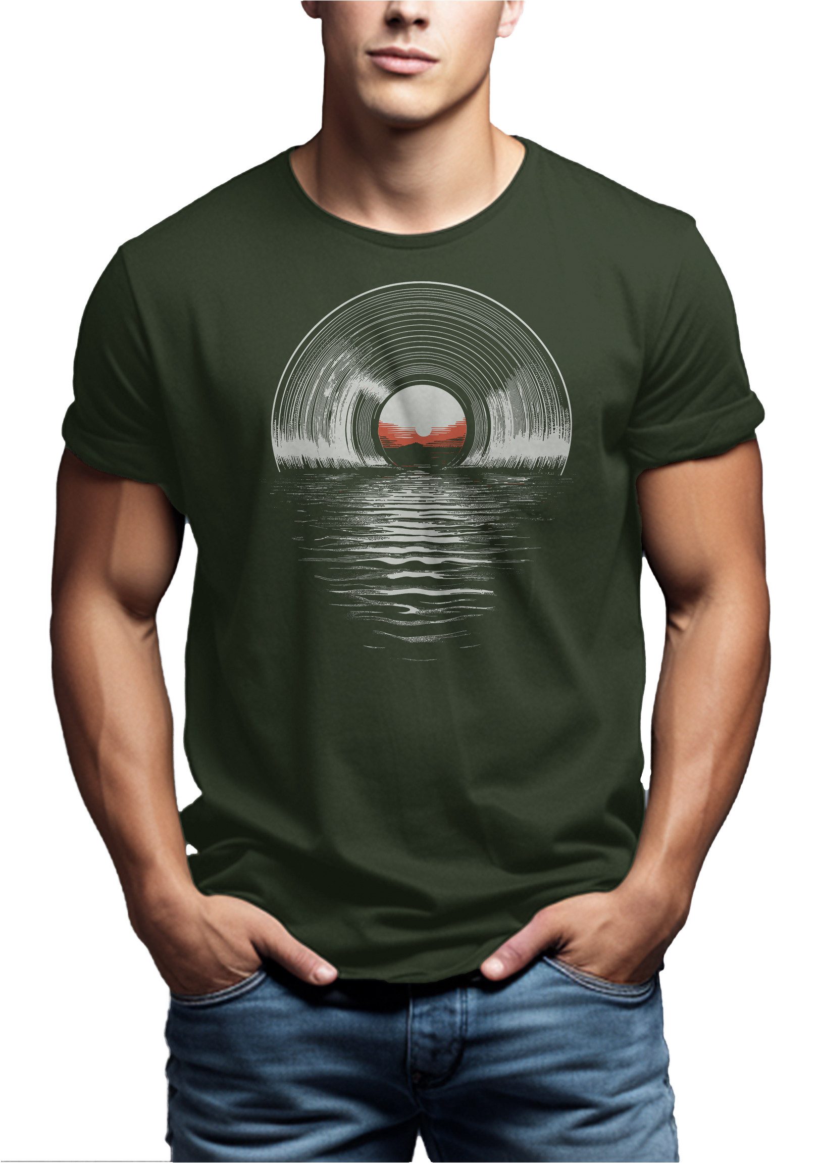 MAKAYA T-Shirt Vintage Herrenshirt für Musikliebhaber – mit Schallplatte Print (Schwarz, Blau, Grün, Blaugrau, Grau, S, M, L, XL, XXL, 3XL, 4XL, 5XL) Baumwolle