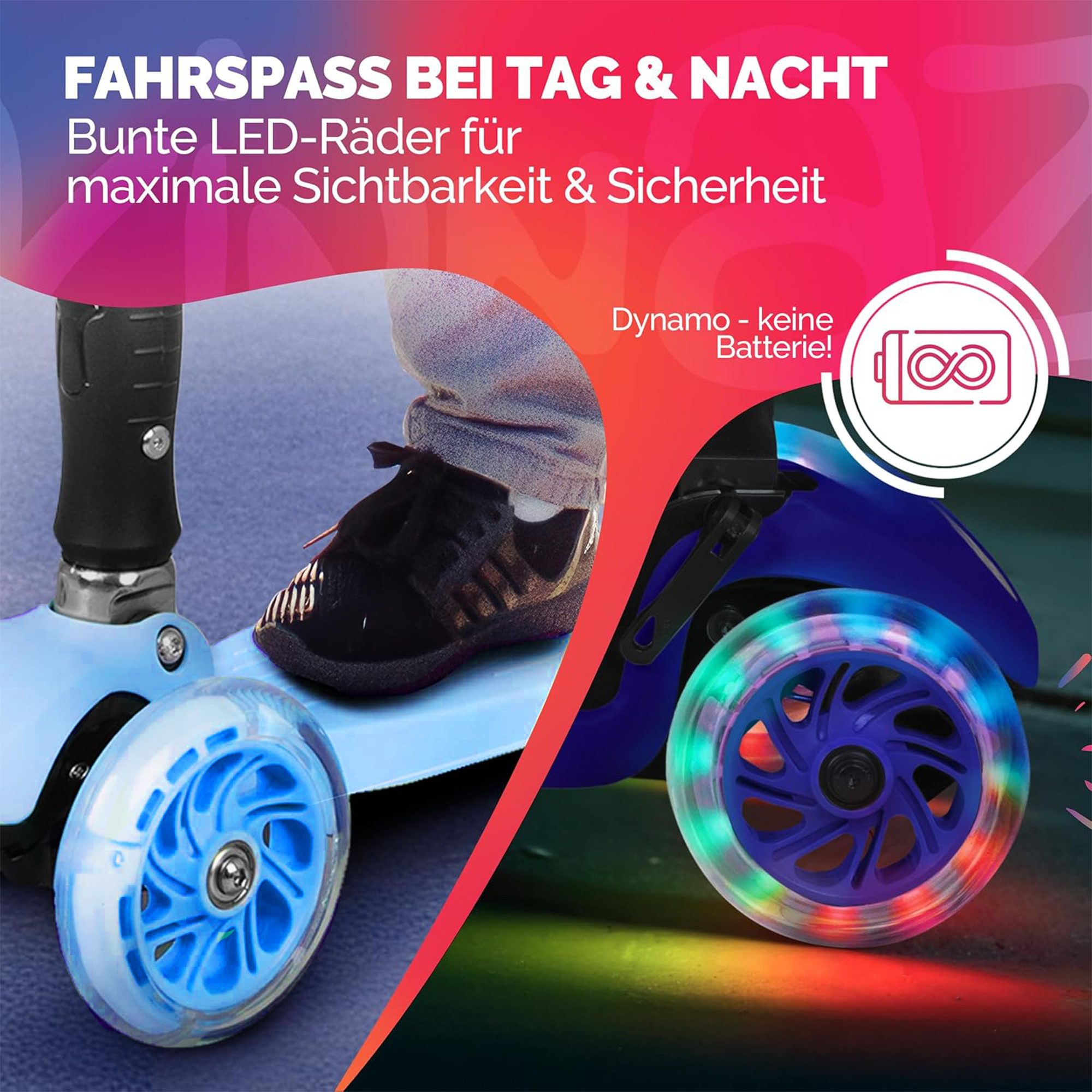 KINNAZ Dreiradscooter ab 5 Jahre, LED Räder, Höhe flexibel, faltbar, Roller Scooter Garantie, (Kinderroller, Kinnaz Two), faltbar, höhenverstellbar, LED Räder,  – Bild 4 von 5
