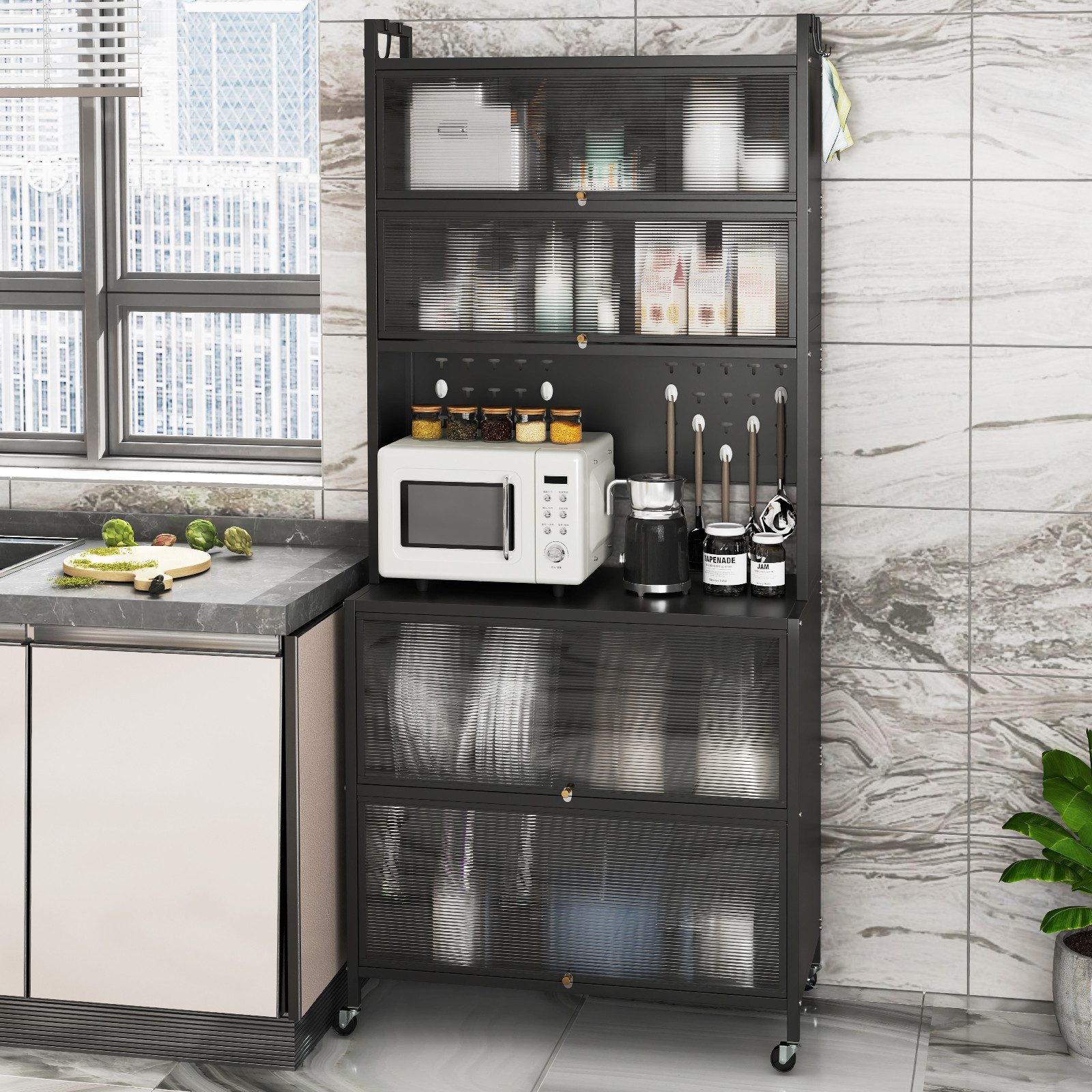 COSTWAY Küchenbuffet Küchenschrank mit Rollen, Arbeitsplatte, günstig online kaufen