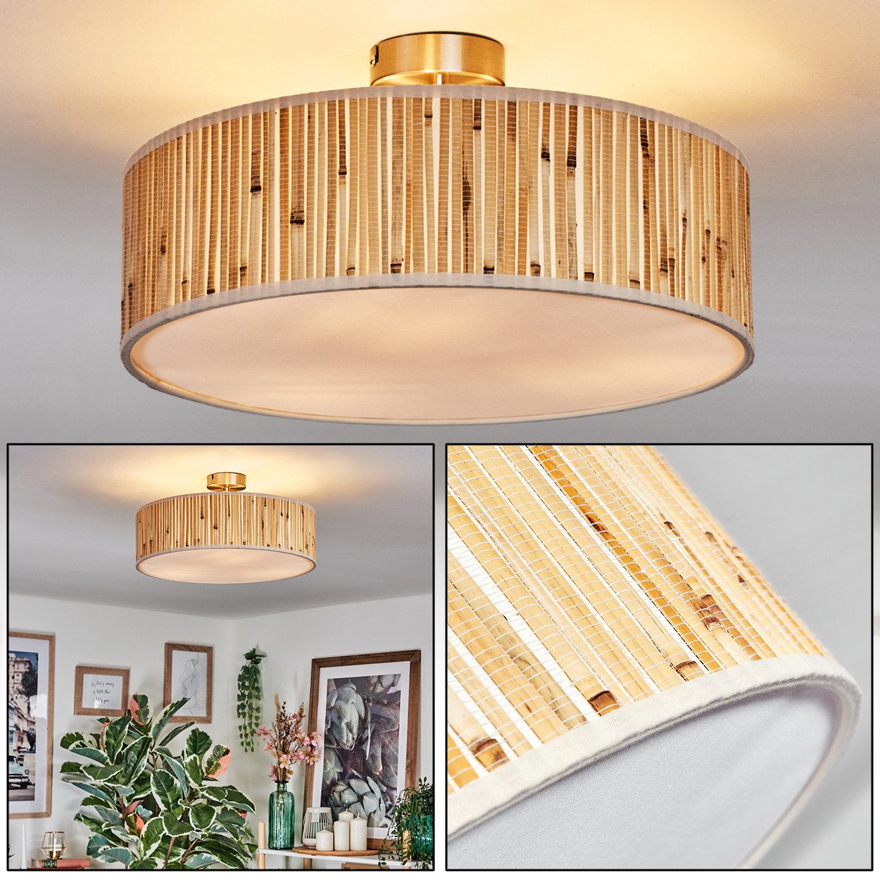 hofstein Deckenleuchte Deckenlampe aus Metall/Bambus/Stoff/Kunststoff in Naturfarben/Weiß, Deckenleuchte im modernen Boho-Design, Ø 40 cm, E27