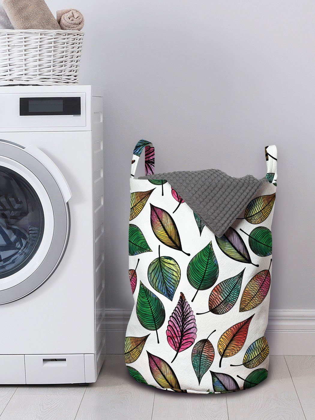 Blätter Abstrakt mit für Waschsalons, Stil Wäschekorb Griffen Leaf Kordelzugverschluss Abakuhaus Designs Wäschesäckchen