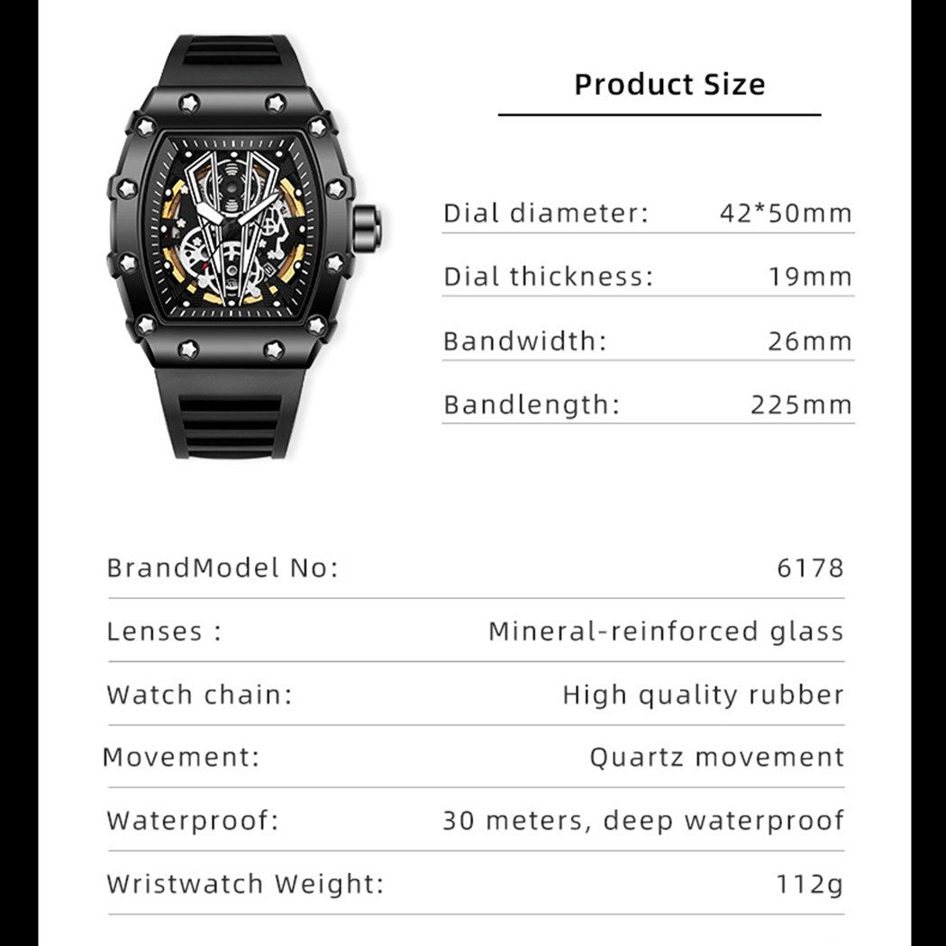 Forrlite Quarzuhr Quarzuhr, Armbanduhr, Herrenuhr, Multifunktionsuhr, (Chronograph HerrenuhrStilvolle Skelett-Sportuhren), Tonneau-Gehäuse, lässige Uhr, Silikonarmband für Herren