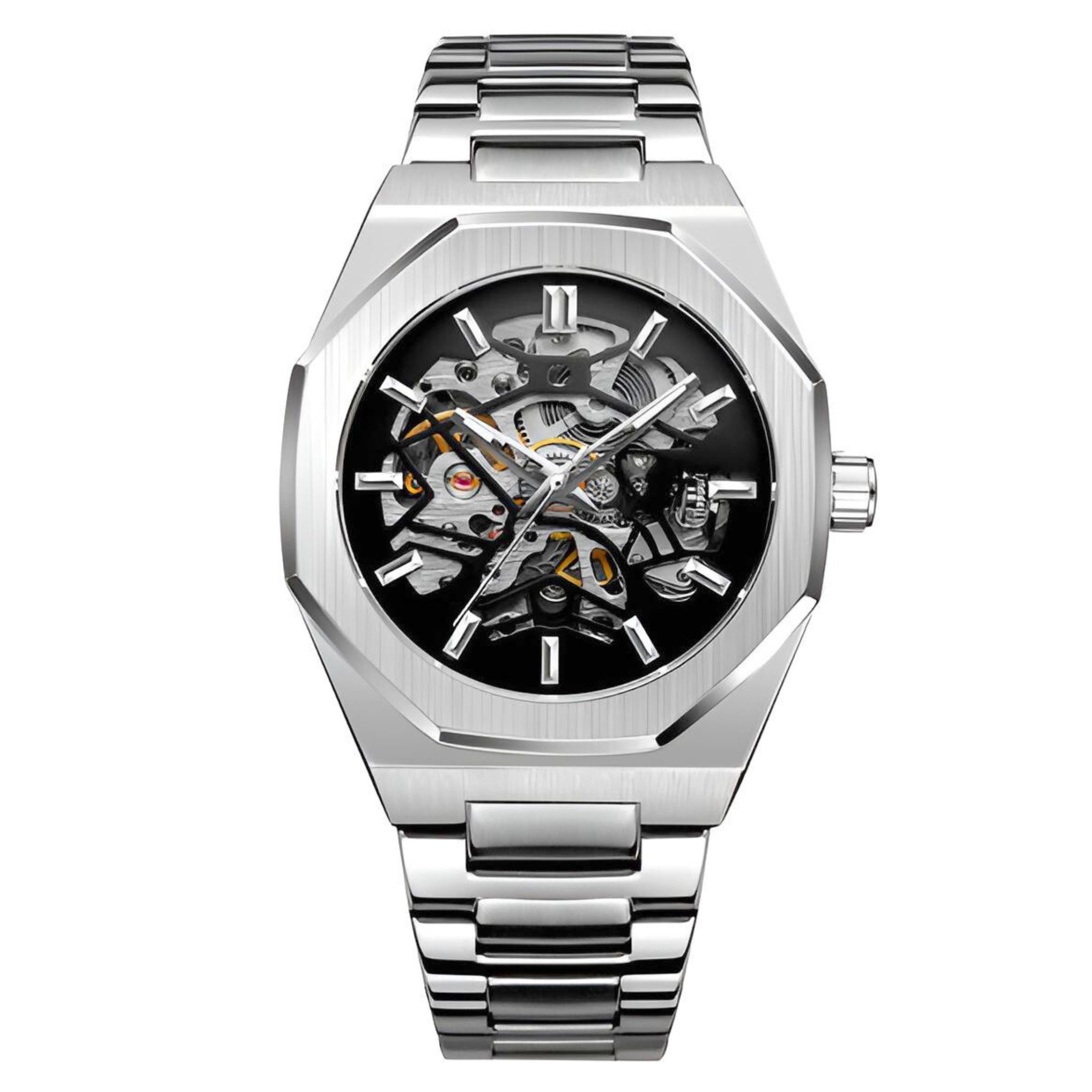 S&T Design Automatikuhr Mechanische Uhr Skelett Edelstahl, (inkl. Uhrenetui, und Armbandkürzer), Automatik Armbanduhr für Herren, Achteckig, Wasserdicht, Transparent