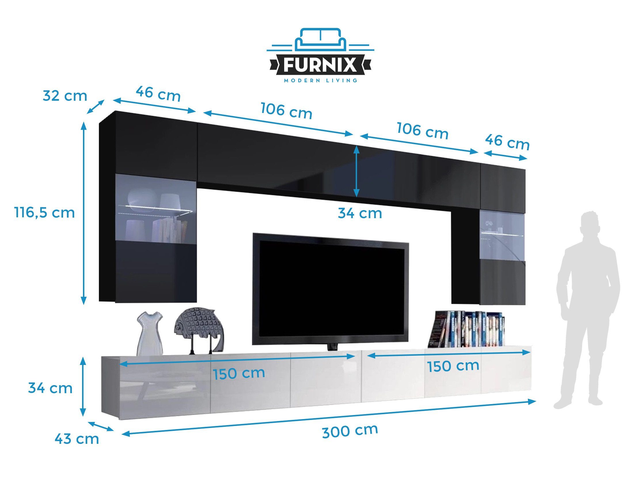 Glanz 1 Mediawand geräumig, cm Furnix breit 300 6-teilig TV-Wand PUNE Möbelwand Weiß/Schwarz Farbauswahl, Wohnwand