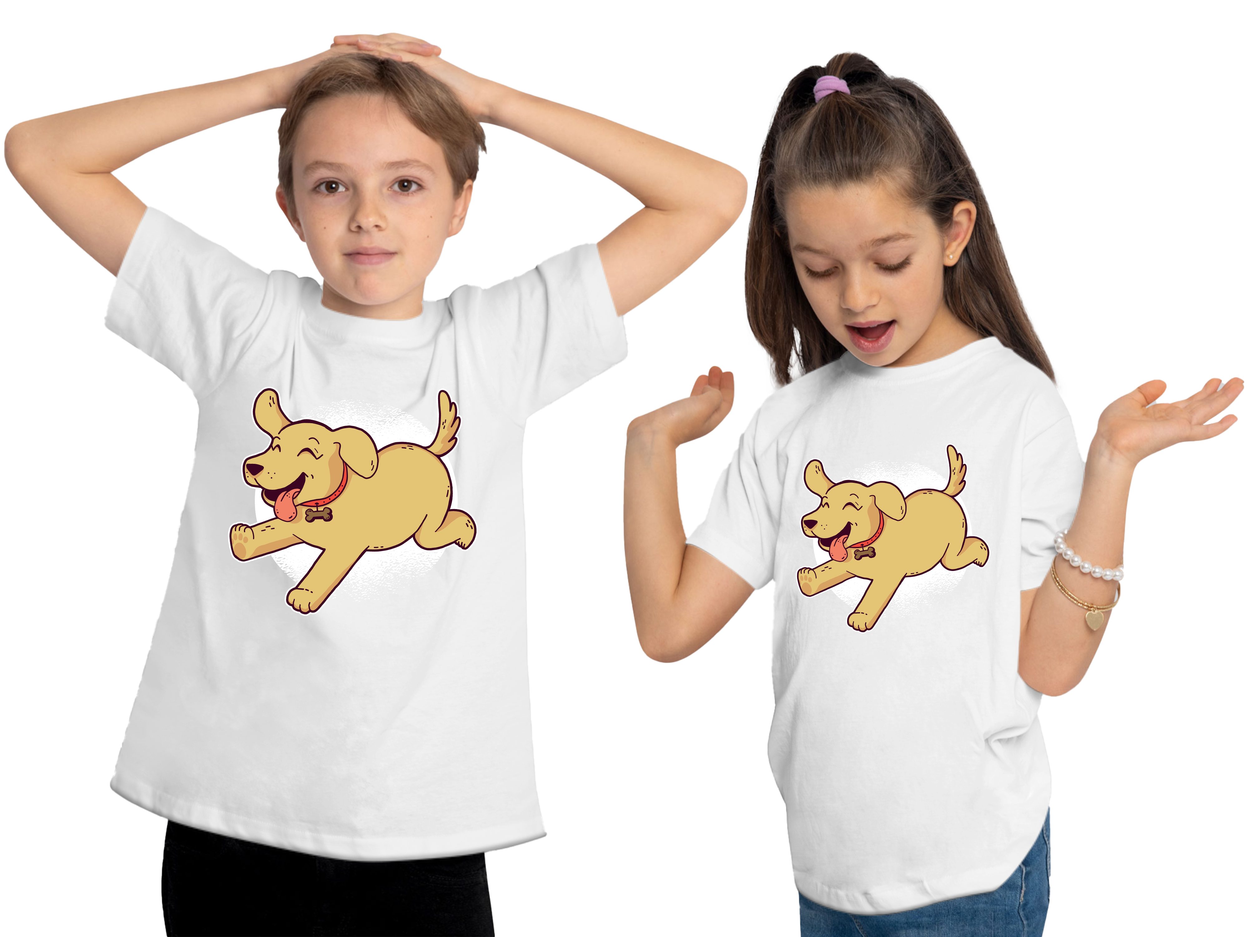 Spielender Hunde Welpe Print i248 MyDesign24 Shirt Kinder mit Aufdruck, weiss Baumwollshirt T-Shirt bedruckt - Labrador