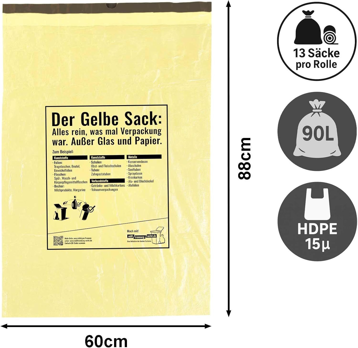 mucHome Müllsack Gelber Sack 90L 15µ Müllbeutel 13 Stück pro Rolle 60x88cm, plus 5cm Umschlag mit Zugband