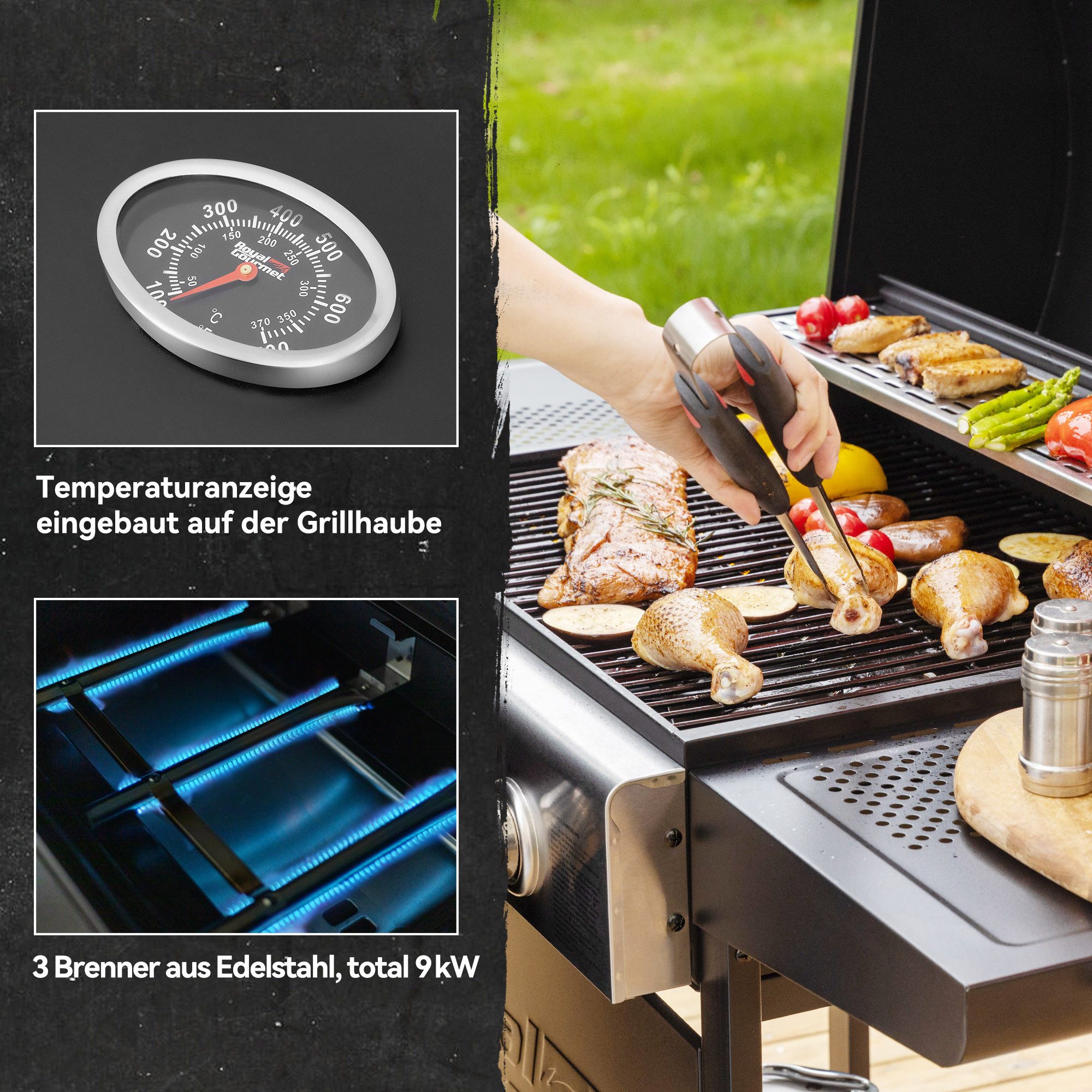 Royal Gourmet Gasgrill Grillwagen 3 Brenner 9 kW Camping Gaskocher mit Kochplatte, Gartengrill mit Flaschenöffner, 121,6x57,8x105cm – Bild 5 von 5