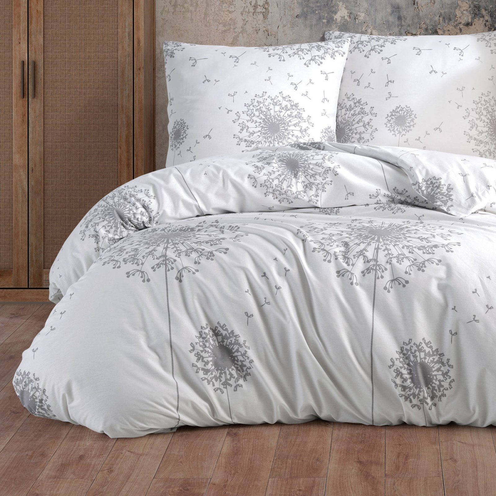 Bettwäsche, Buymax, Renforcé: 100% Baumwolle, 2 teilig, 155x220 cm, Bettbezug-Set mit Reißverschluss Blumen Blätter, Weiß Grau