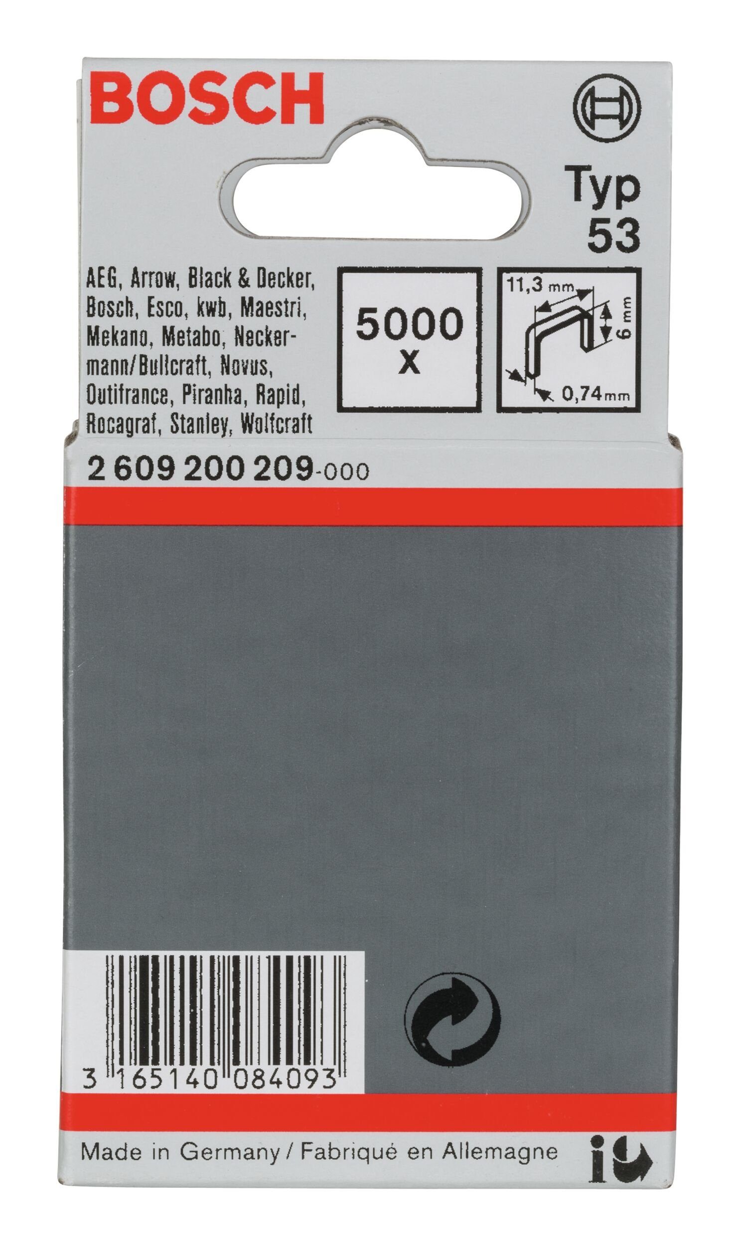 BOSCH Tackerklammer, Line Typ 53 Feindrahtklammer - 0,74 x 6 x 11,4 mm - 5000er-Pack