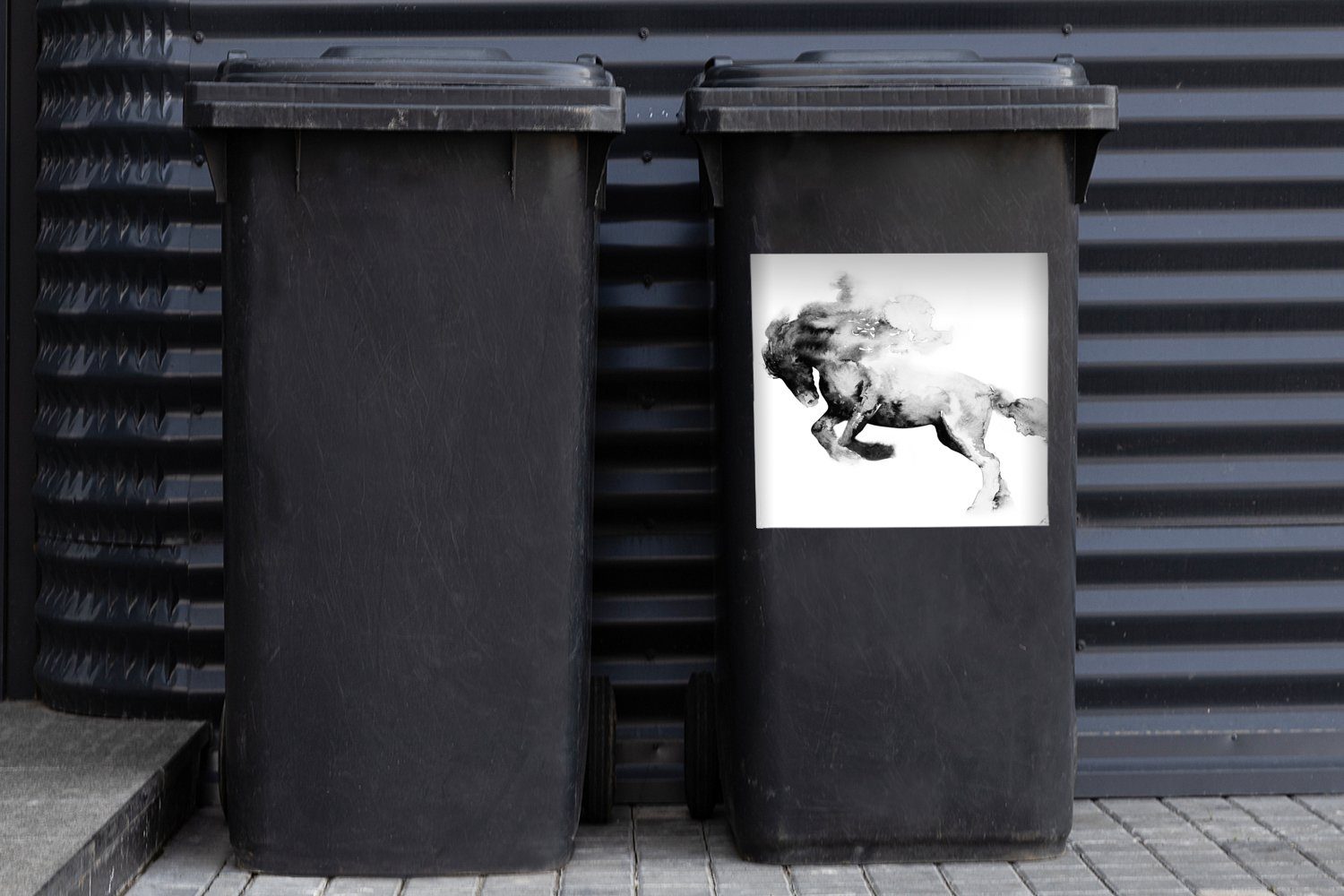 Ölfarbe - Container, - Tiere Wandsticker Gemälde Mülleimer-aufkleber, MuchoWow Pferd Weiß - St), Schwarz - Sticker, (1 - Abfalbehälter Mülltonne,