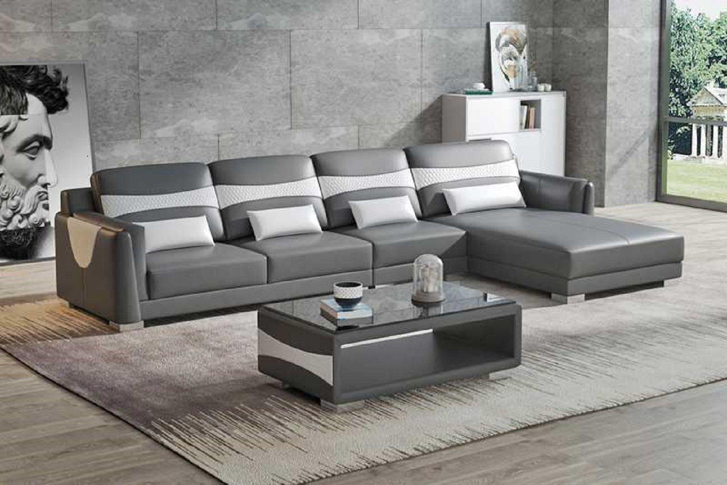 JVmoebel Ecksofa Luxus Eckgarnitur Ecksofa Grau 3 Made in Couch Liege Wohnzimmer Neu, Teile, Europe Form Sofa L