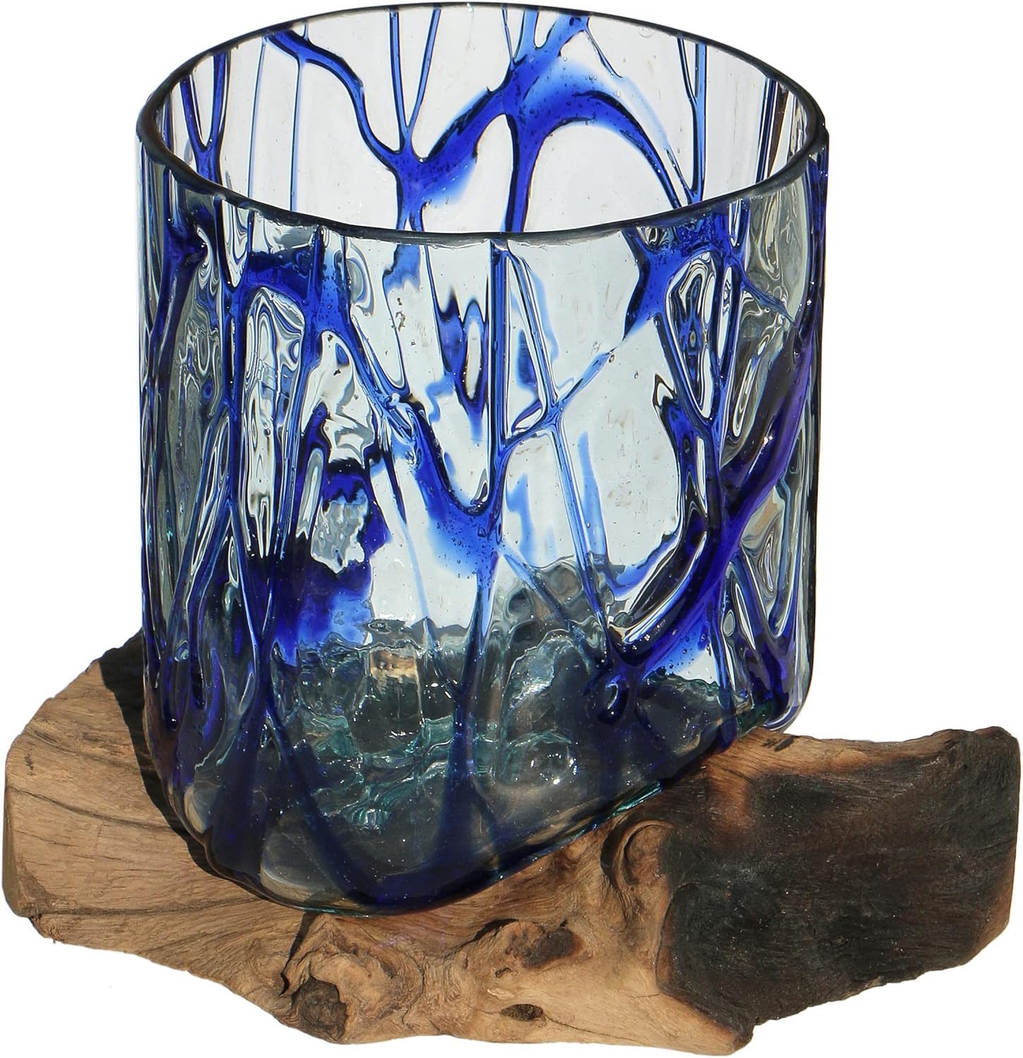 Wogeka Dekovase Glas-Vase "Gloria" auf Wurzel-Holz Ø Glas 15-16 cm Teakholz Gamal