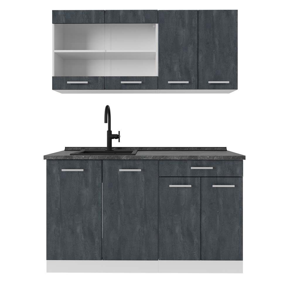 Vicco Küchenzeile R-Line, Schwarz Beton/Weiß, 140 cm AP Anthrazit