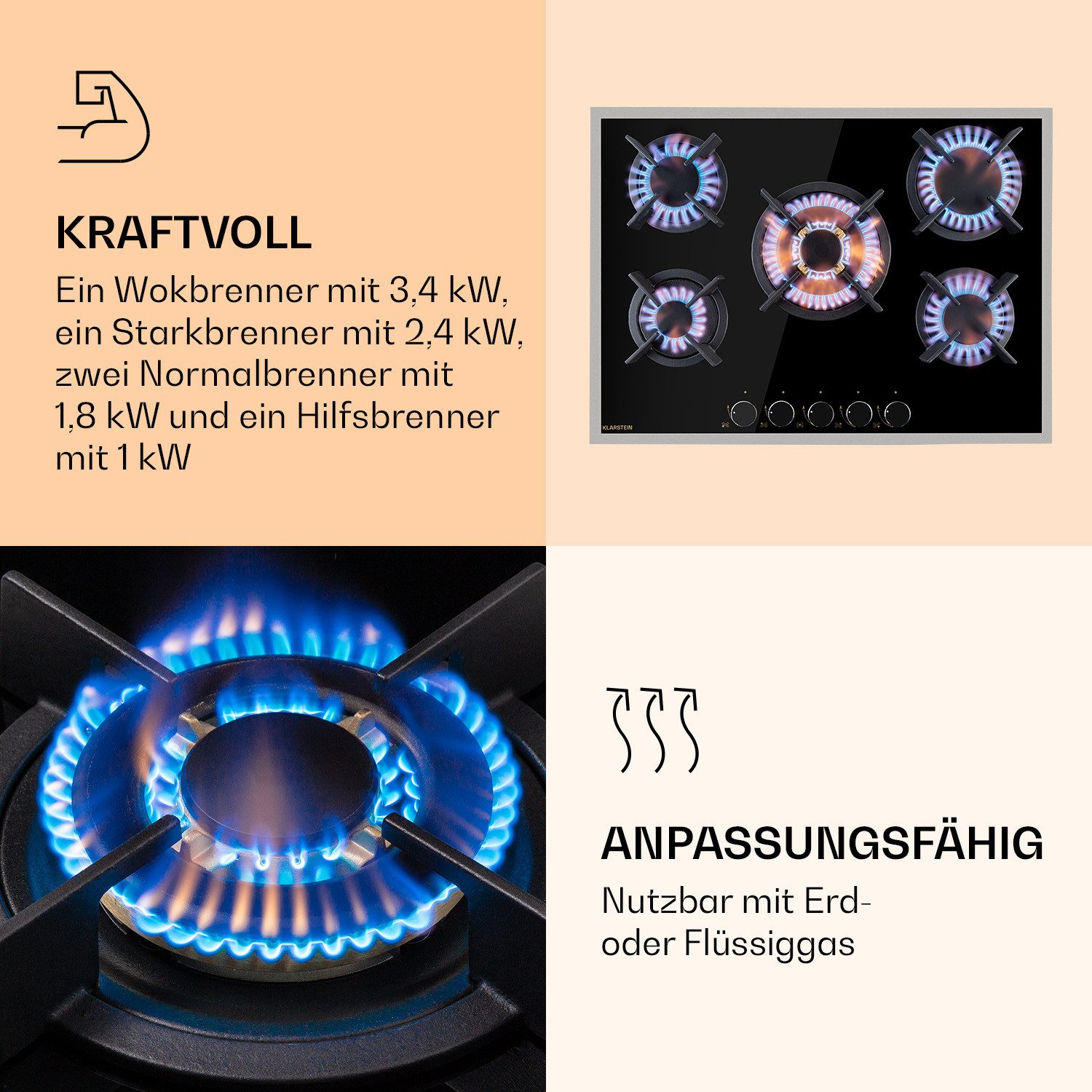 Klarstein Gas-Kochfeld CP11-Goldflame-5-Pr CP11-Goldflame-5-Pr, Einbau Gas Kochfeld 5 Platten Herdplatte Kochplatte Einbaukochfeld
