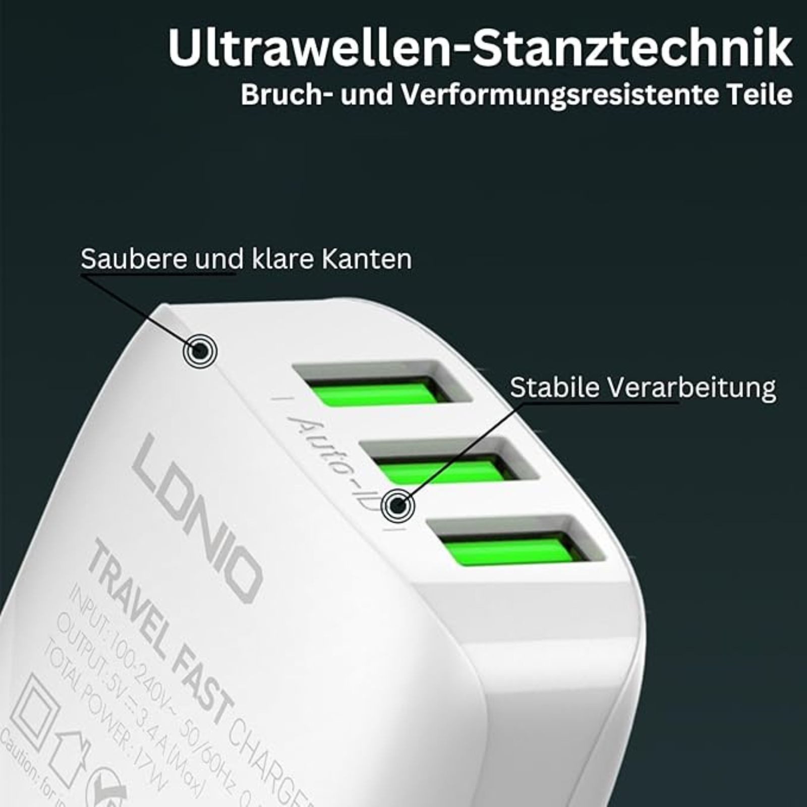 Coastech 17W Schnellladegerät für iPhone, Ipad, Galaxy, 3x USB-A Port USB-Ladegerät