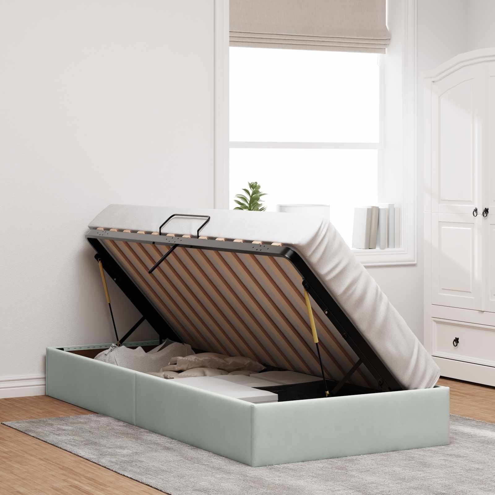 vidaXL Bett Ottoman Bettgestell mit Speicher Hellgrau 90 x 200 cm Samt (1-tlg) – Bild 4 von 5