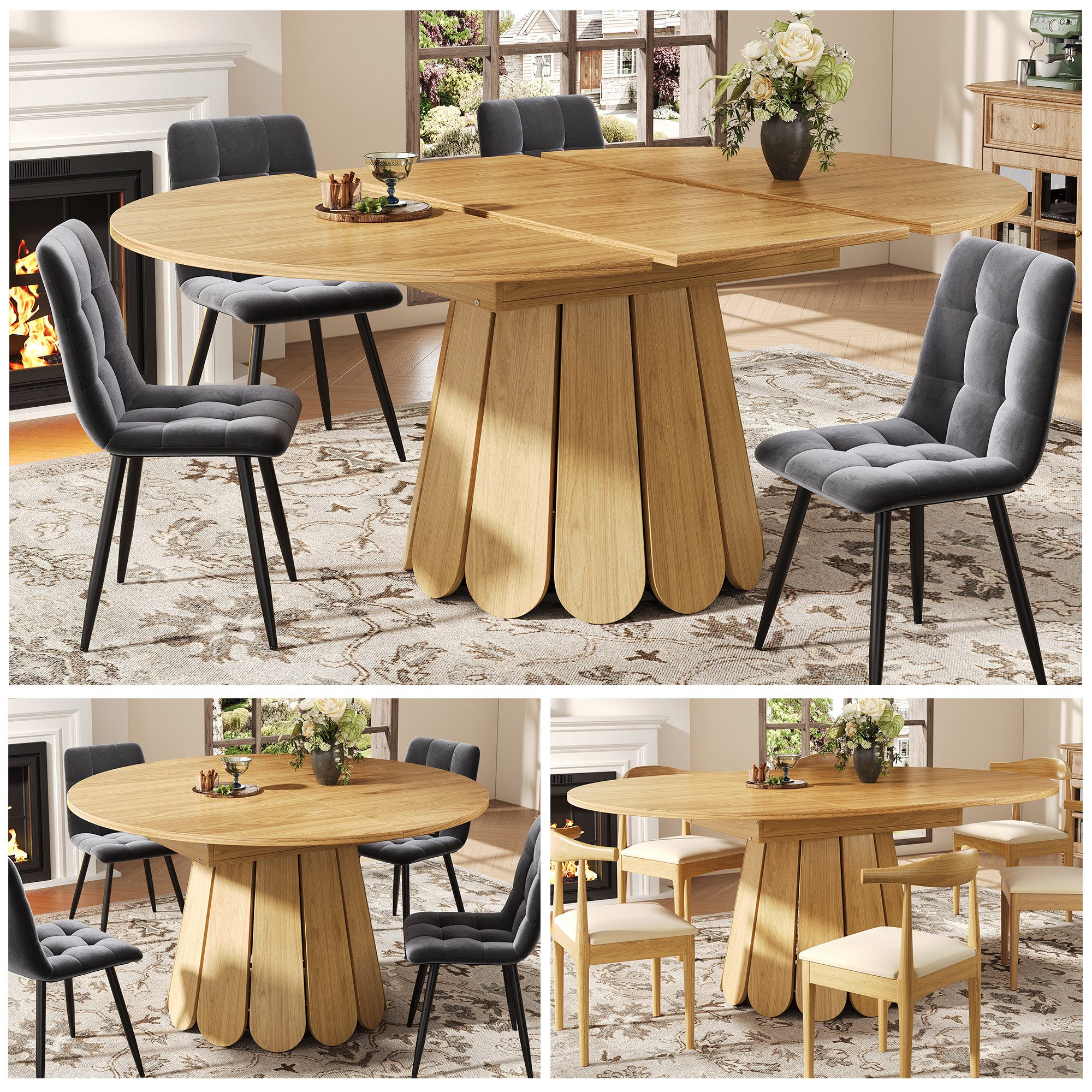 STILVORA Esstisch Ausziehbar Esszimmertisch,Runder Küchentisch,für 6 Personen,Holzfarbe (Esstisch aus Holz, Ø118-158 cm,vintage Design, ausziehbare Tischplatte mit Stauraum)