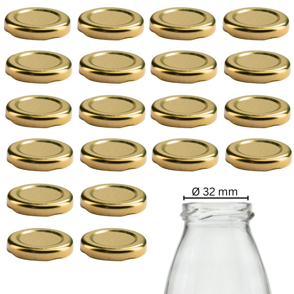 mikken Deckel 20 Schraubdeckel TO43 Ersatzdeckel Twist-Off 4,5 cm für Glasflaschen, (20er Set Ersatzdeckel, Twist-Off), Farbe: Gold, passend für Gläser mit einer Öffnung von 32 mm