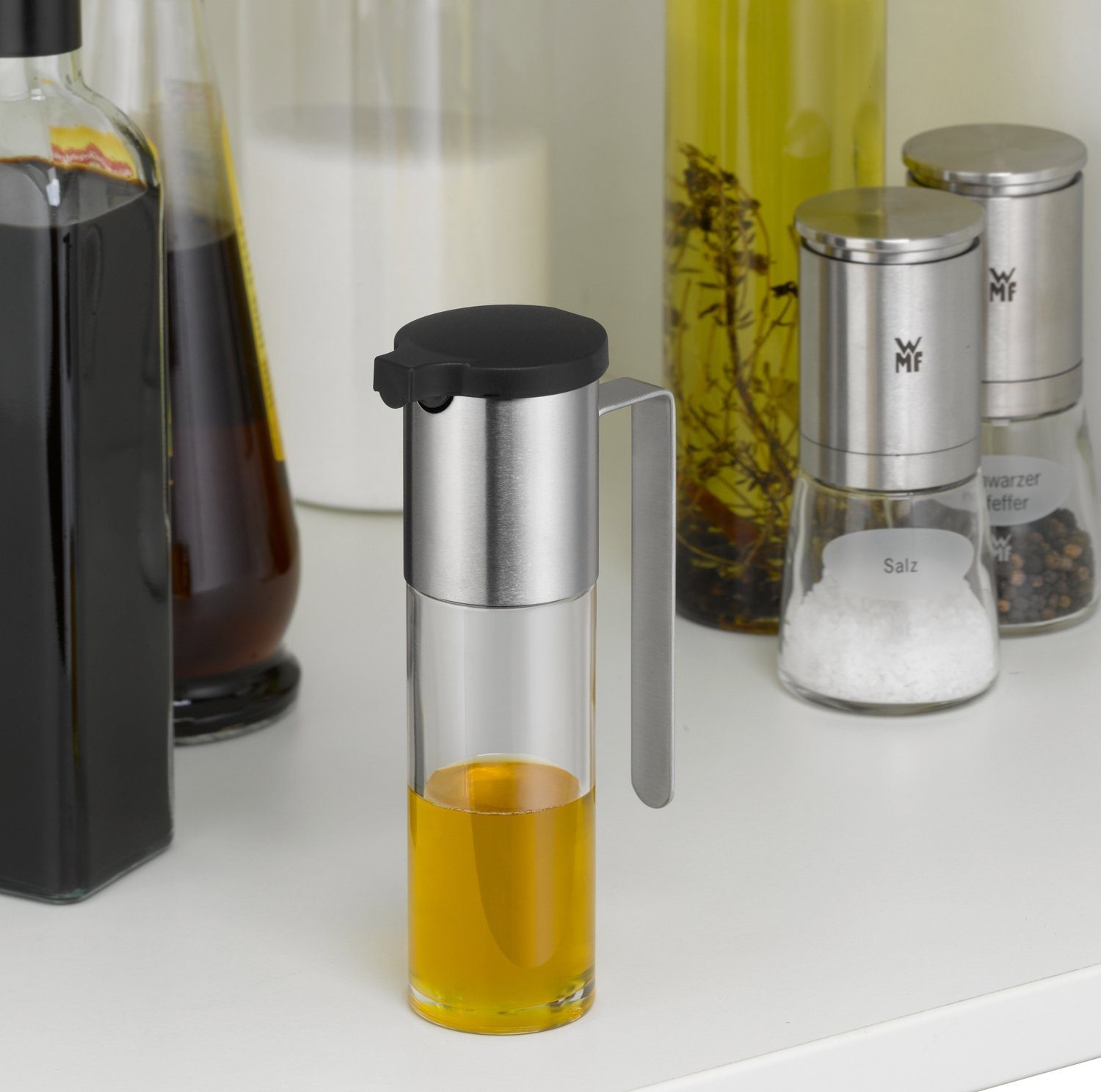 WMF Essigspender BASIC, 120 ml, Cromargan Edelstahl 18/10, Glas, (1-tlg), Tropffrei, auch als Ölspender verwendbar