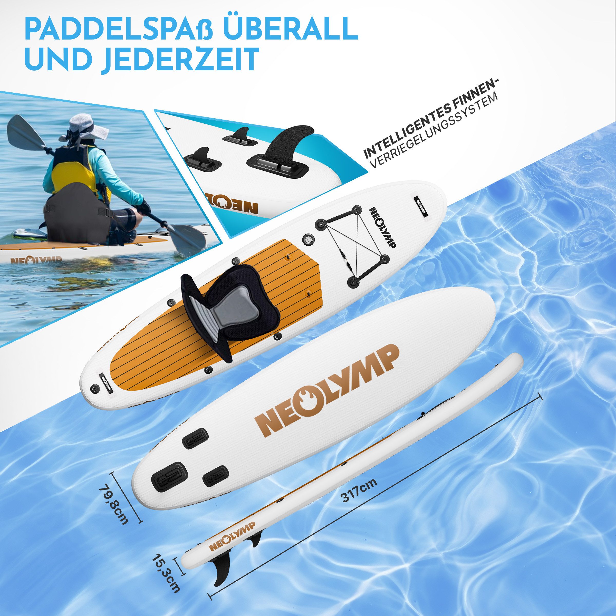 NEOLYMP SUP-Board Aufblasbares Stand Up Paddle Board 315 cm – SUP Komplett-Set 13-tlg, (Stand Up Paddle 315 cm – SUP Komplett-Set 13-tlg. - 150 kg Traglast), für Kinder & Erwachsene – 150 kg Traglast - Paddleboard aufblasbar