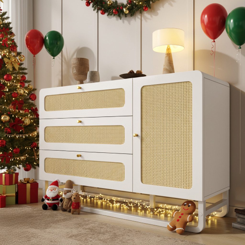 Flieks Kommode Rattanschrank mit 3 Schubladen und 1 Türen (1 St., 120x85x40 cm), Sideboard Mehrzweckschrank mit höhenverstellbare Regale Weiß