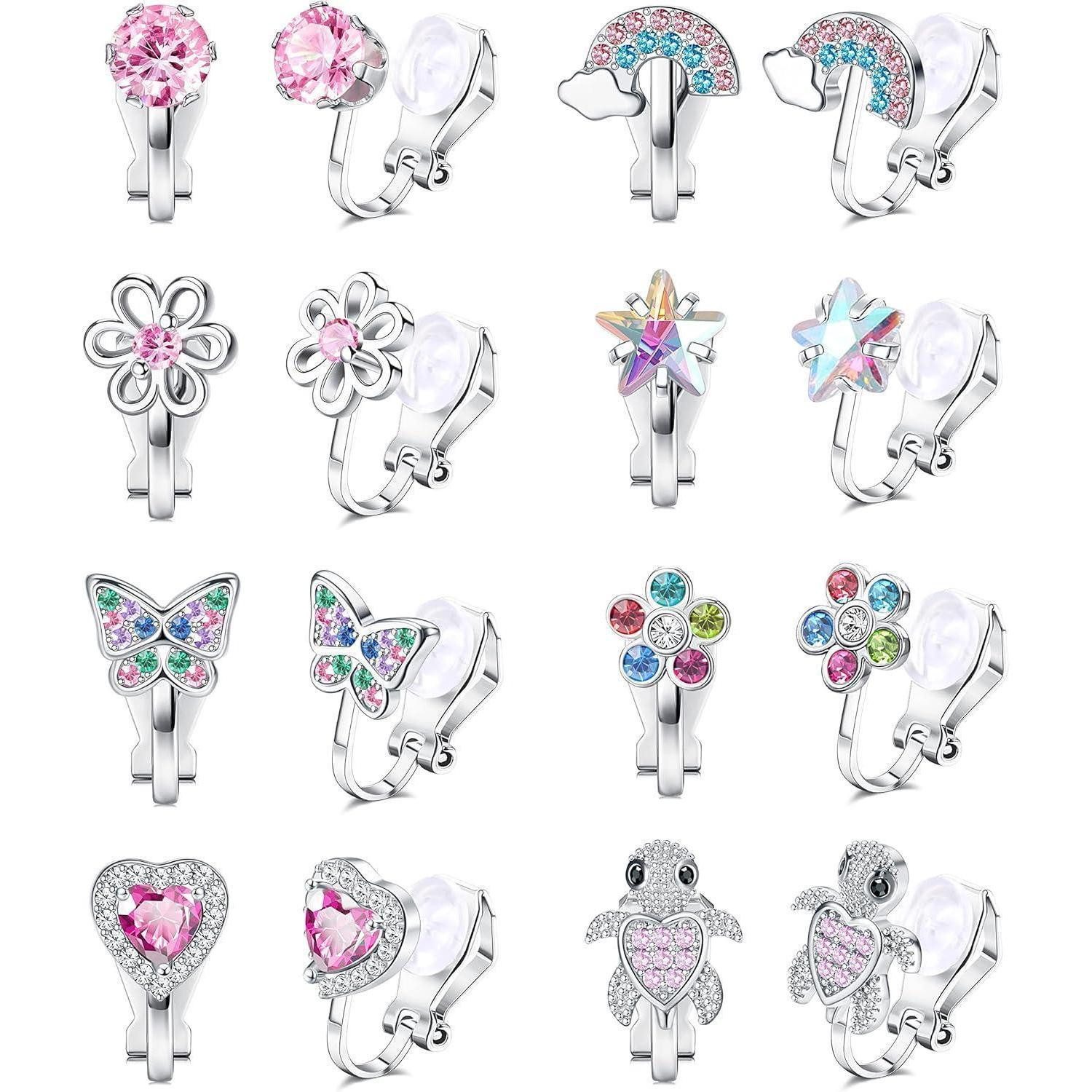 Ohrclip-Set Clip on Ohrclips Mädchen 8er Set Herz Stern Blumen Schildkröten Rosa