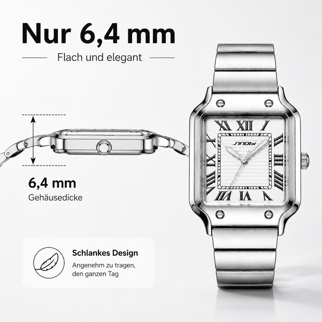 Fyrove Quarzuhr Herren Armbanduhr Edelstahl mit quadratischem Zifferblatt, (römischen Ziffern, 3 ATM, schlankem Gehäuse), 20 mm Metallarmband, Geschenkbox
