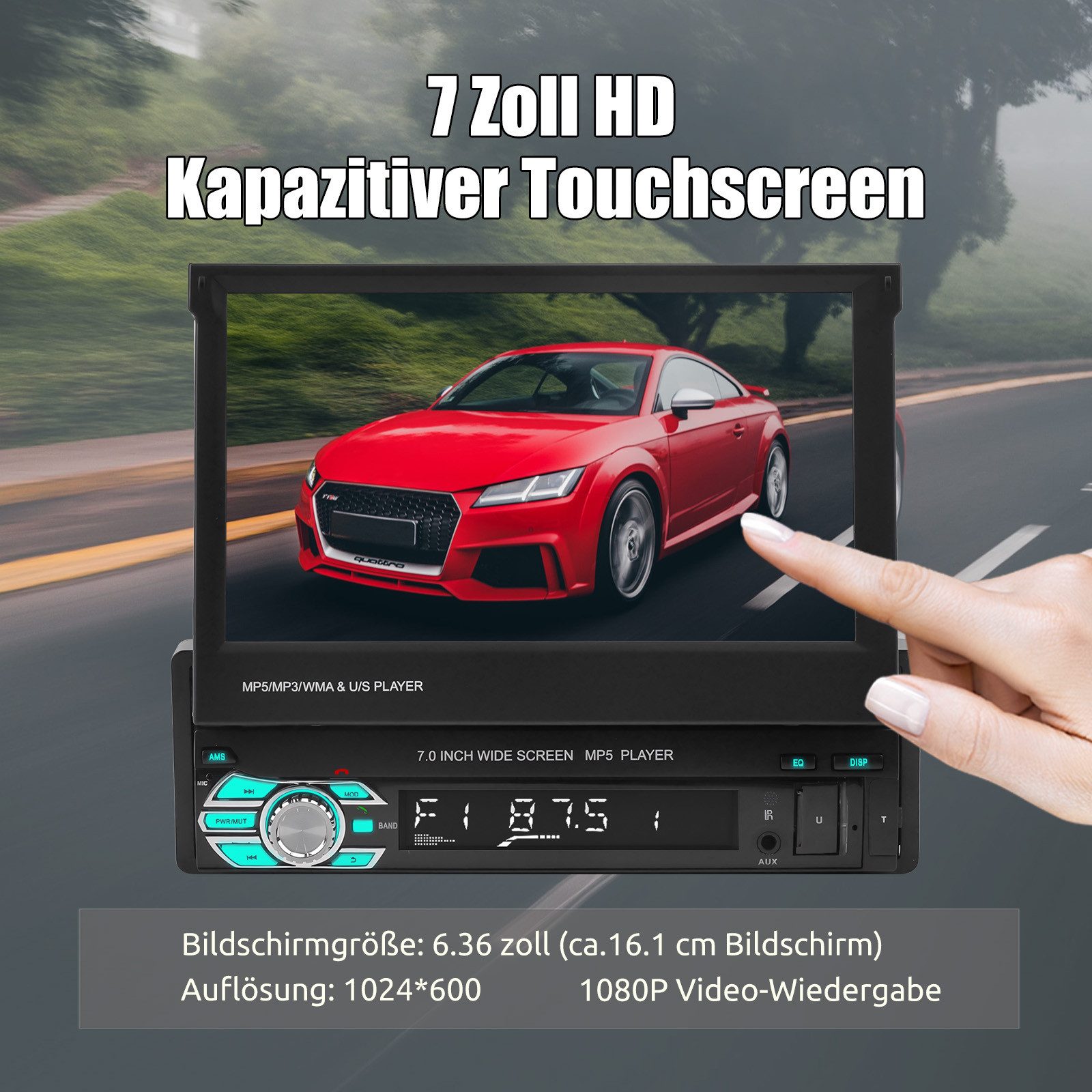 ESSGOO Autoradio 1 DIN 7" WinCE Flip Bildschirm Touchscreen Carplay BT RDS Navigationsgerät – Bild 3 von 5