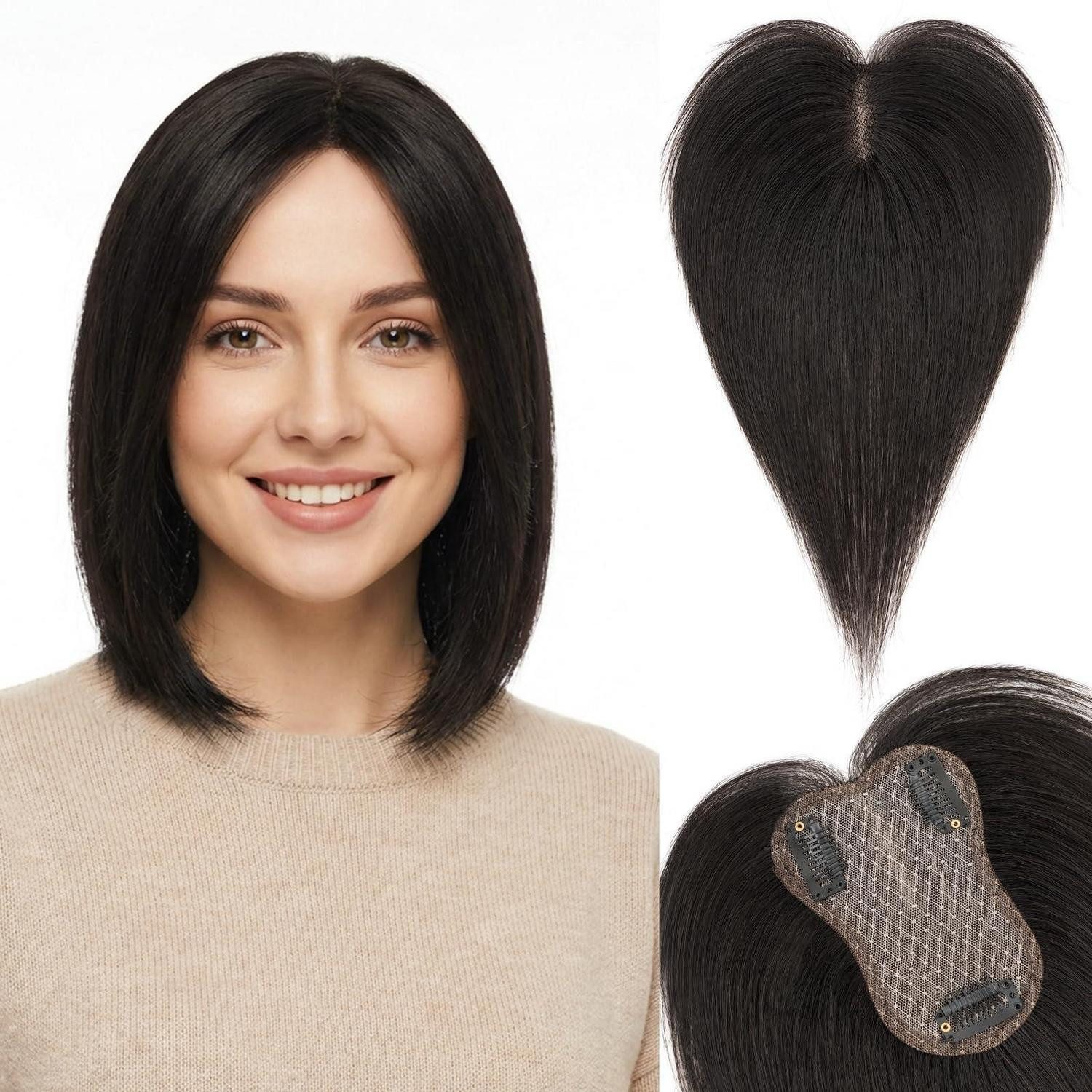 LuxusKollektion Toupet Topper Damen Echthaar 25cm (Seitenpony) #1B Natürliches Schwarz