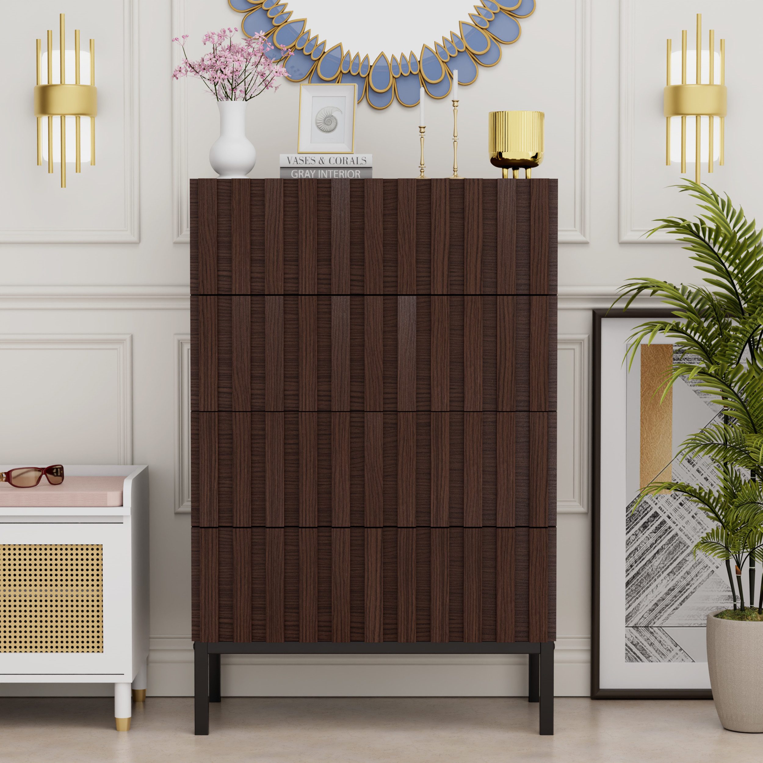 UEV Kommode schmal mit 4/5 Schublanden Sideboard Beistellschrank Buffet (Aufbewahrungskommode, Mehrzweckschrank aus Holz(Natur/Schwarz/Dunkelbraun), Schrank für Wohnzimmer,Schlafzimmer,Flur