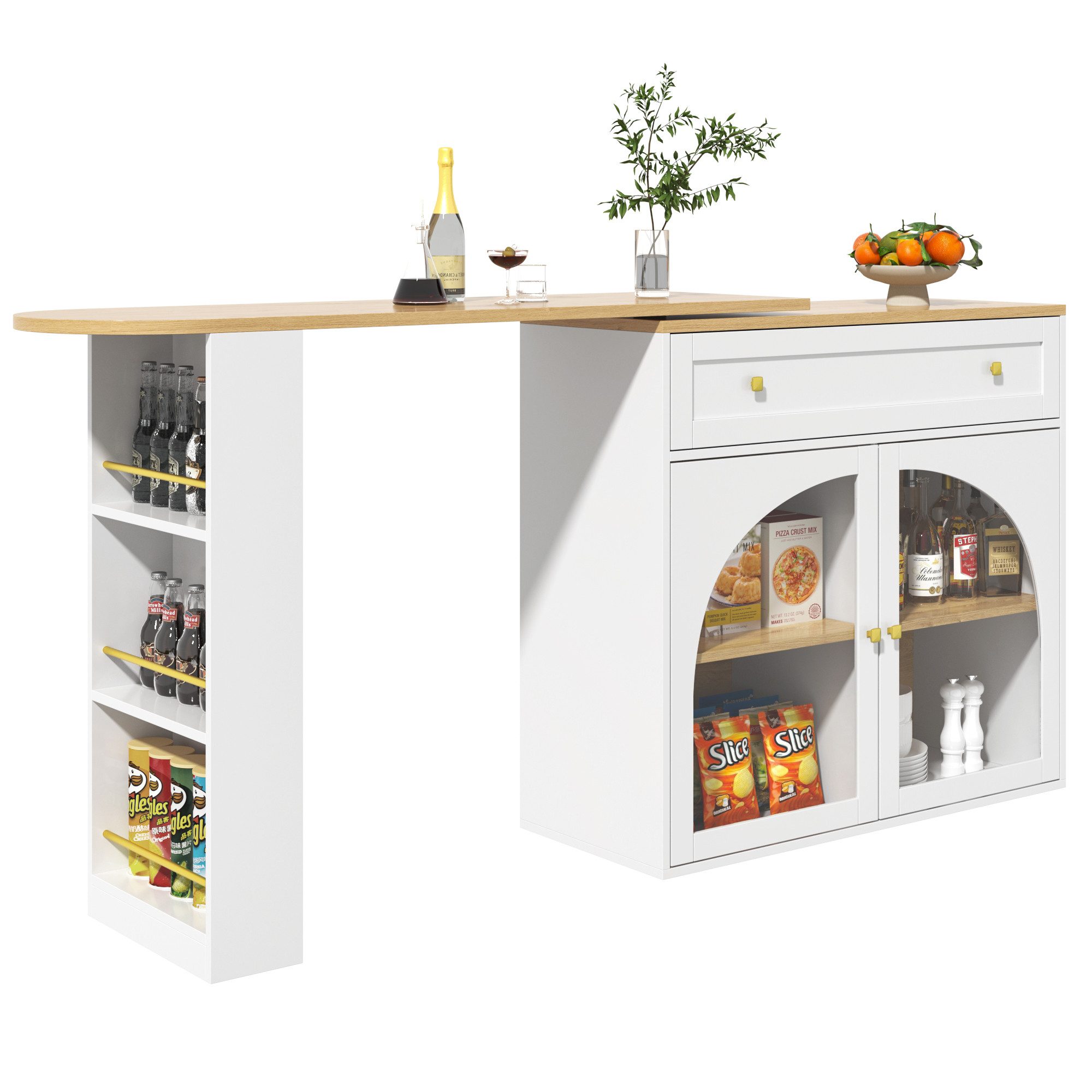 i@home Bartisch Essbar,Kücheninsel,Bistro Table,weiß /schwarz (Packung set, 1 Tisch), 360° drehbare,mit Stauraum und Sideboardschrank,138-204×39×104cm