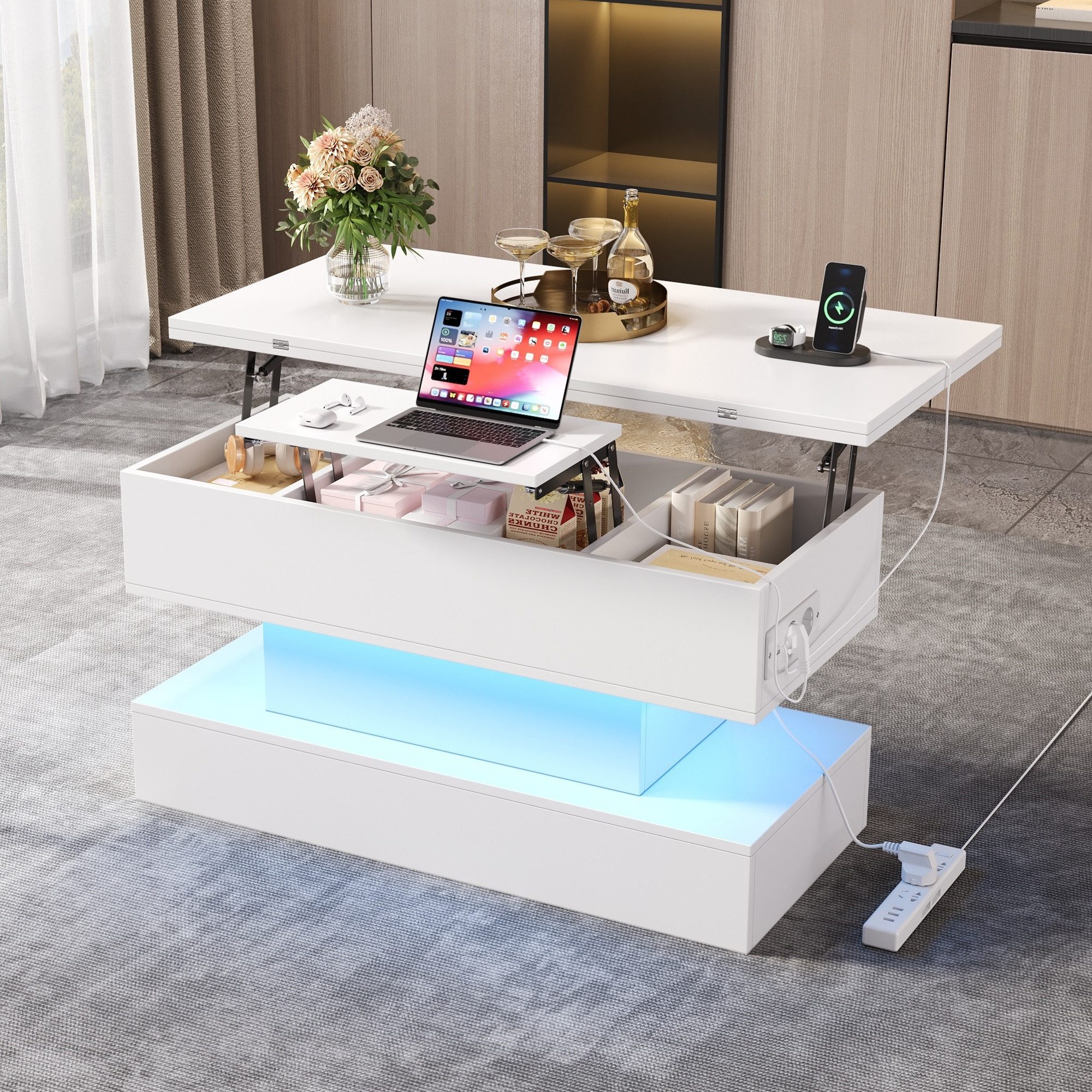 REDOM Couchtisch 100x50x51,5 cm, Weiß, mit Steckdose & USB-C (höhenverstellbar Satztisch, Beistelltisch, 1-St., Höhenverstellbar & anhebbar, LED-Beleuchtung), Multifunktionaler Sofatisch mit Stauraum