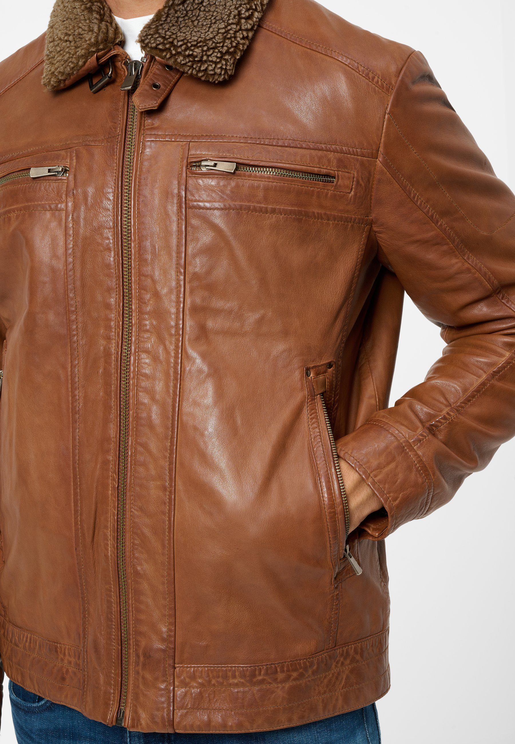 RICANO Lederjacke Dino Lederjacke mit Fellkragen und Brusttaschen