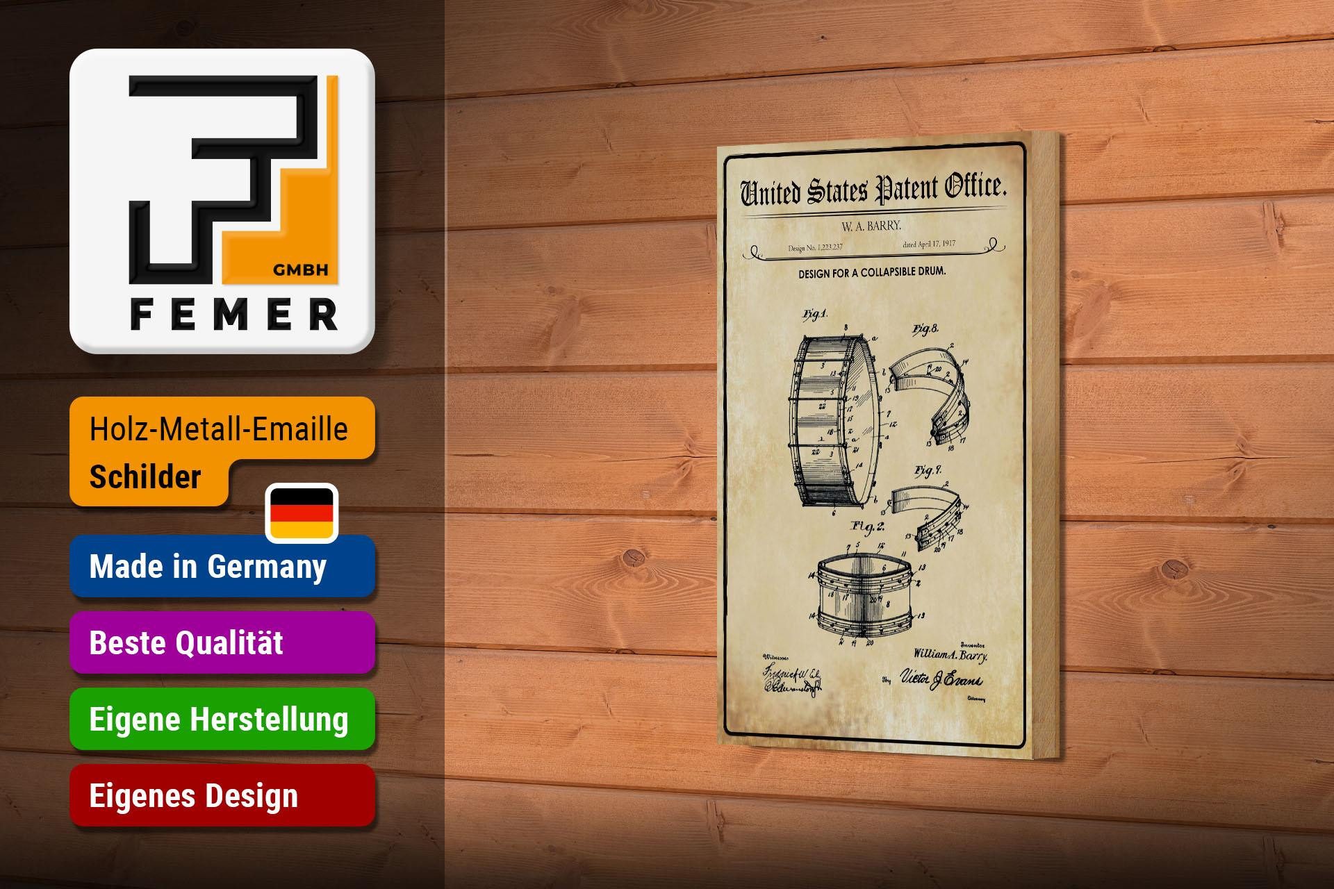 Femer GmbH Holzbild Patent 12x18 cm Entwurf für eine zusammenklappbare Trommel, (1 St), Glatte Holzfaserplatte (MDF), vorn beschichtet