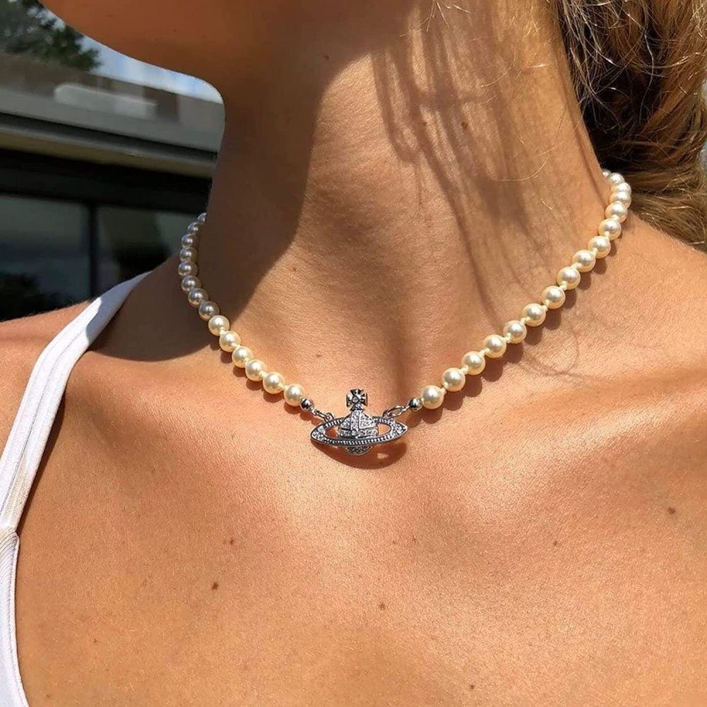 GLAMO Damen Perlenkette,für Damen Anhänger,Mädchen Geschenk Halskette,Planet Perlenkette