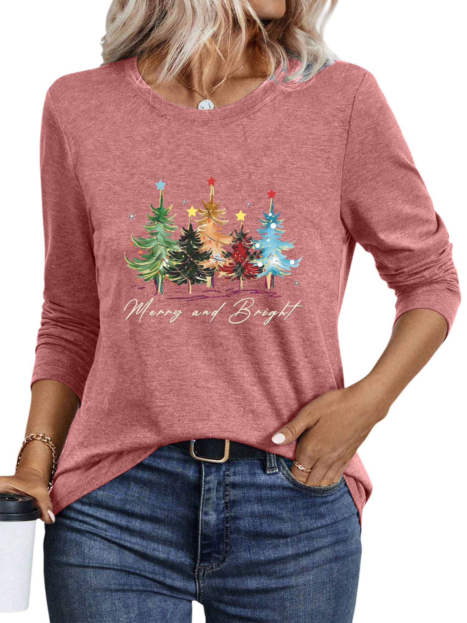 PYLIKE Print-Shirt Damen bequemes Langarmshirts Festlich Weihnachtsbaum Print Weihnachts-Sonderanfertigungen