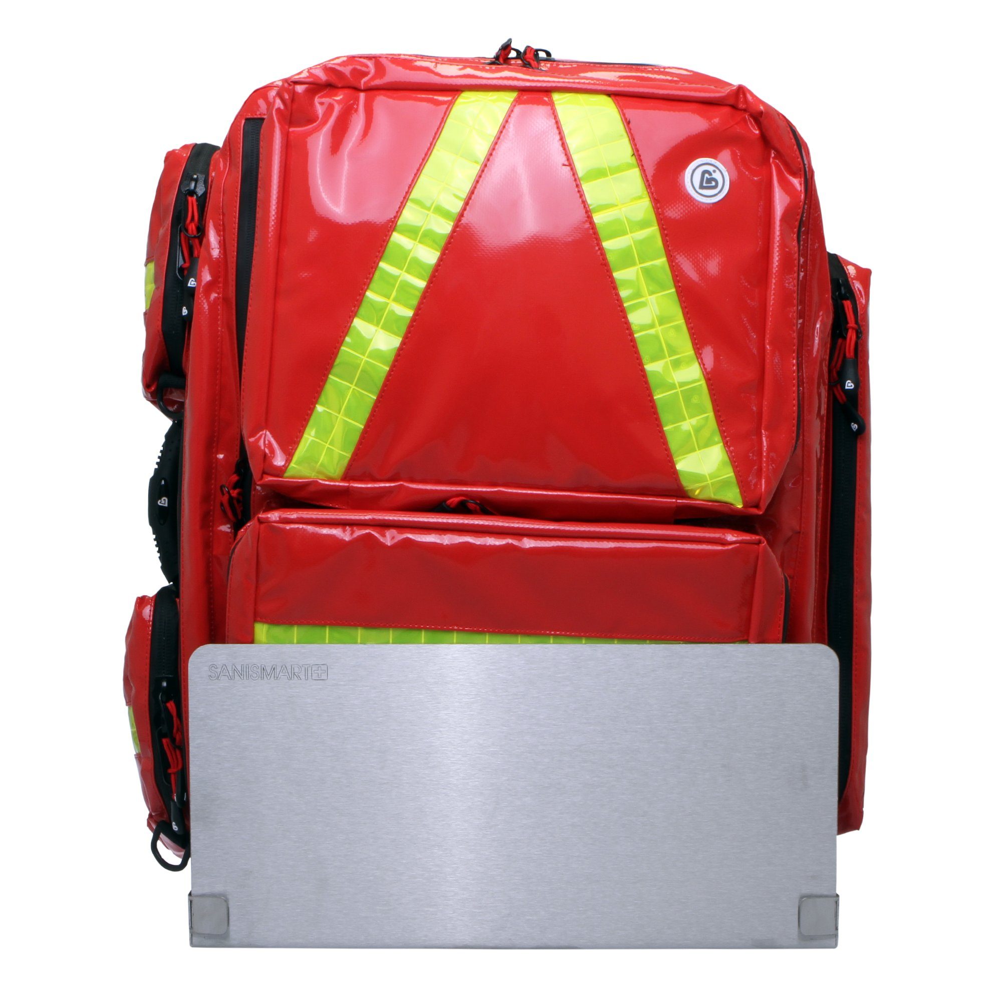 SANISMART Arzttasche Wandhalterung für Notfallrucksäcke mit Notfallrucksack Medicus XL Rot Plane